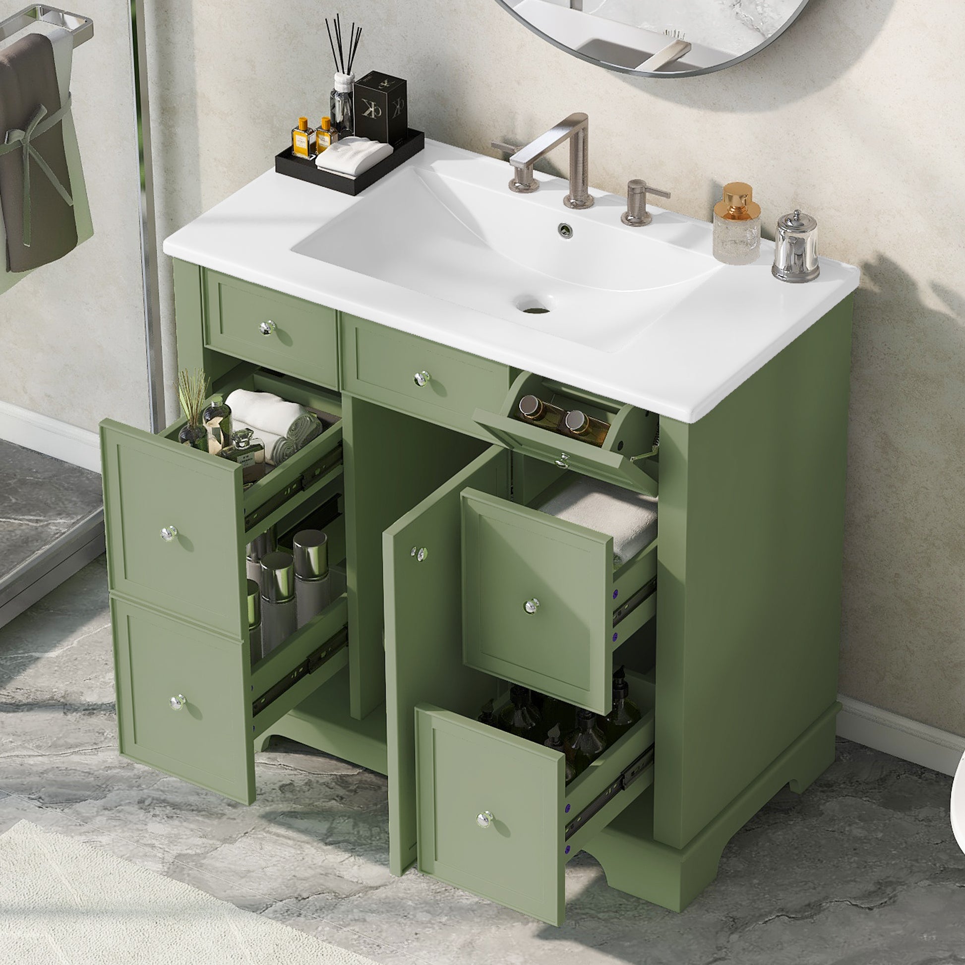 36" Bathroom Vanity With Sink, One Cabinet With Three Drawers And One Flip Drawer, Solid Wood And Mdf Board, Green Green Solid Wood Mdf