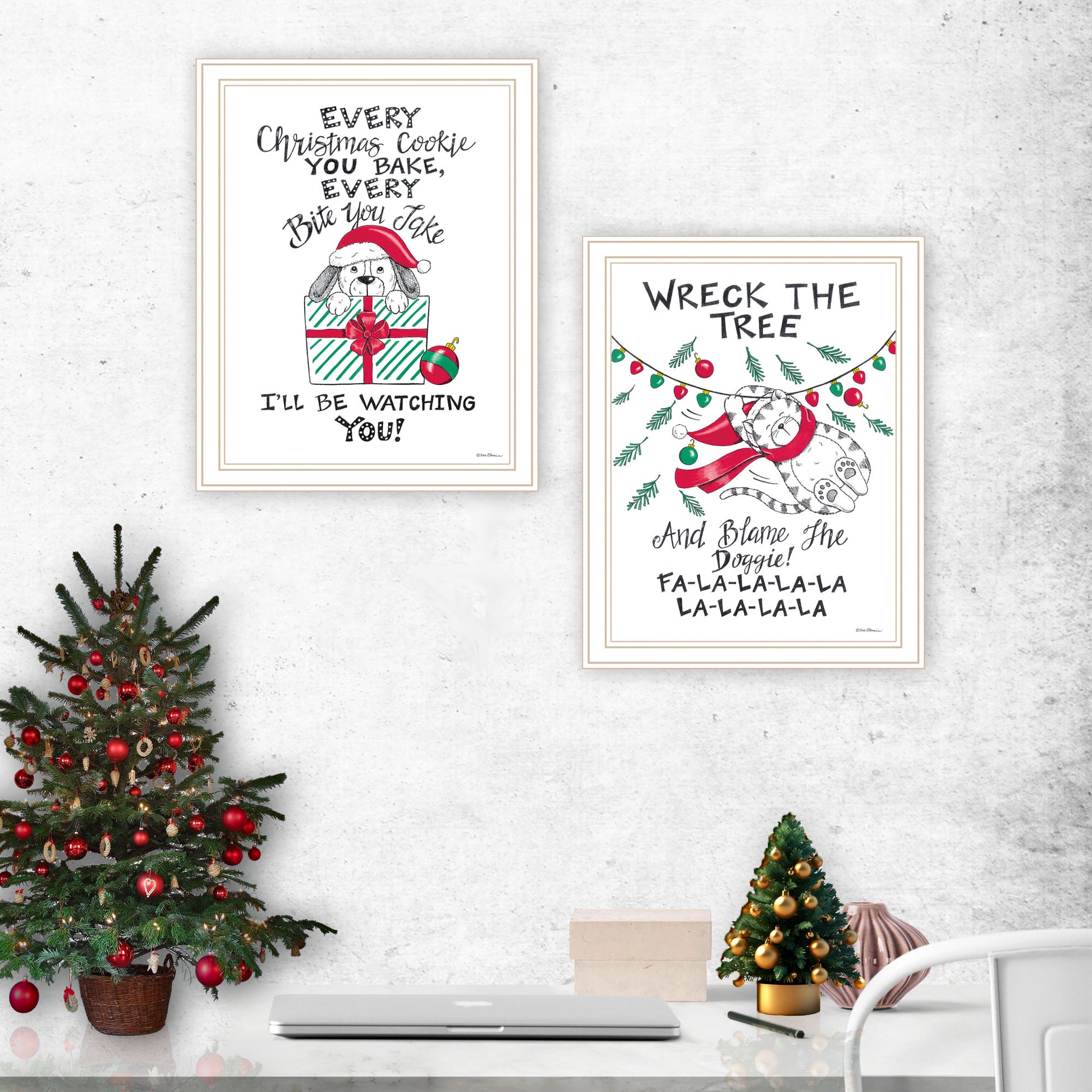 2 Piece Vignette Cat & Dog Christmas Enjoyment White Framed Wall Art For Living Room, Bedroom Wall Art Print For Home Decor By Deb Strain Multi Wood Paper
