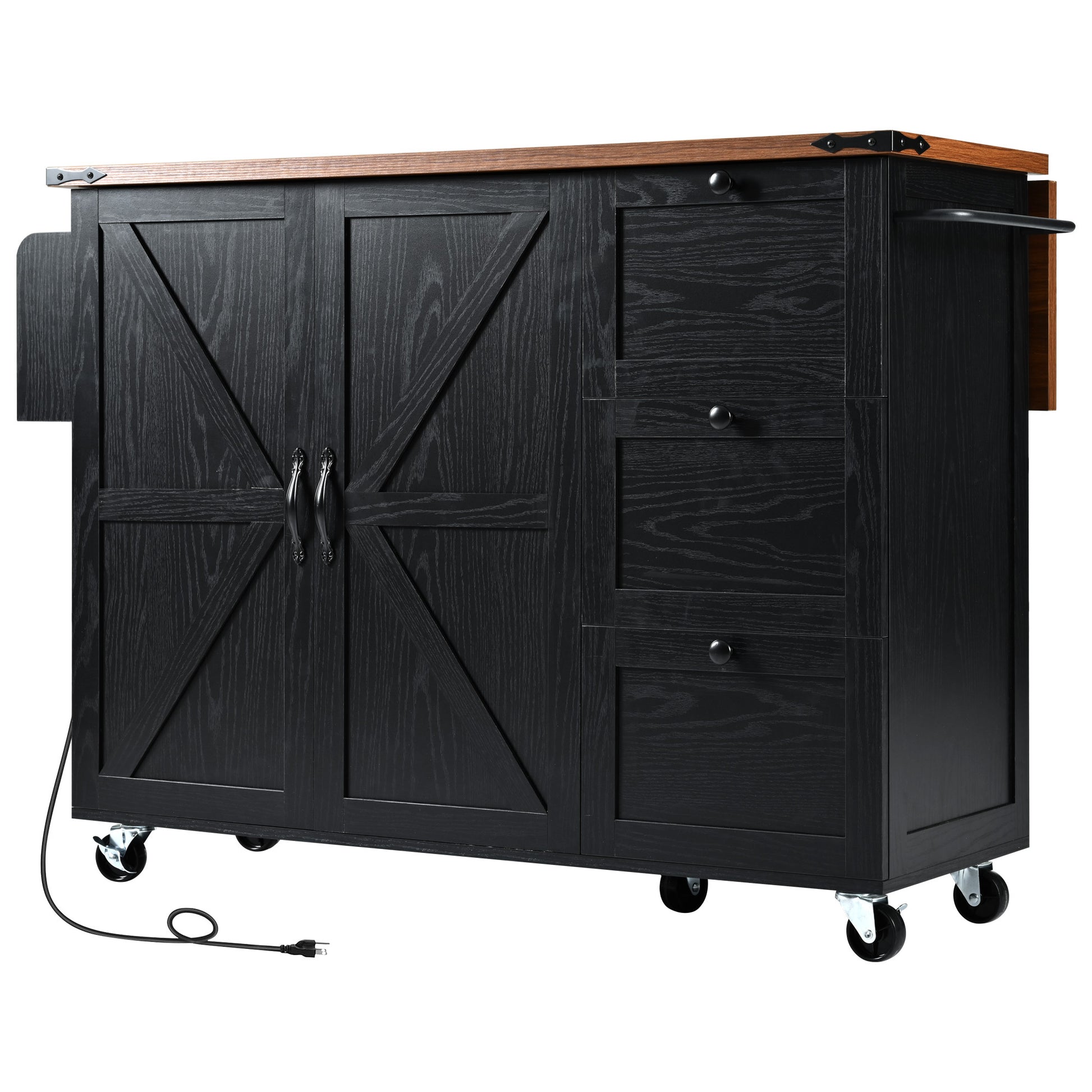 K&K 54.5" Farmhouse Kitchen Island With Power Outlet, Kitchen Storage Island With Internal Storage Rack, Drop Leaf, Spice Rack, Rolling Kitchen Cart On Wheels, For Home, Kitchen And Dining Room,Black Black Brown Kitchen Classic,Farmhouse,Luxury,Modern