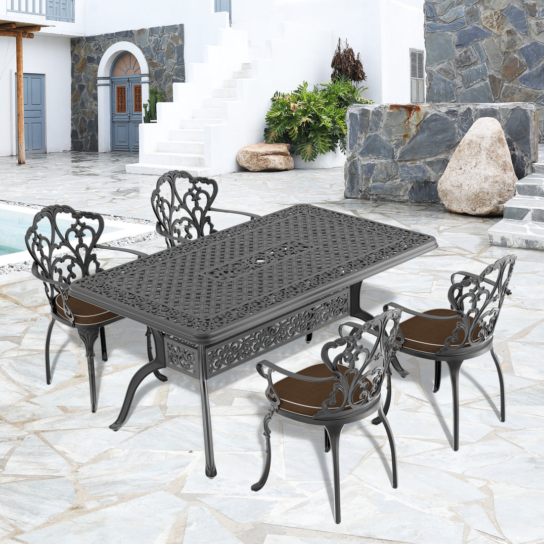 Cushions In Random Colors 5 Piece Set Of Cast Aluminum Patio Furniture With Cushions Yes Dining Set Black Khaki Seats 4 Rust Resistant Frame Water Resistant Cushion Garden & Outdoor Complete Patio Sets Aluminium