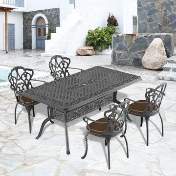 Cushions In Random Colors 5 Piece Set Of Cast Aluminum Patio Furniture With Cushions Yes Dining Set Black Khaki Seats 4 Rust Resistant Frame Water Resistant Cushion Garden & Outdoor Complete Patio Sets Aluminium