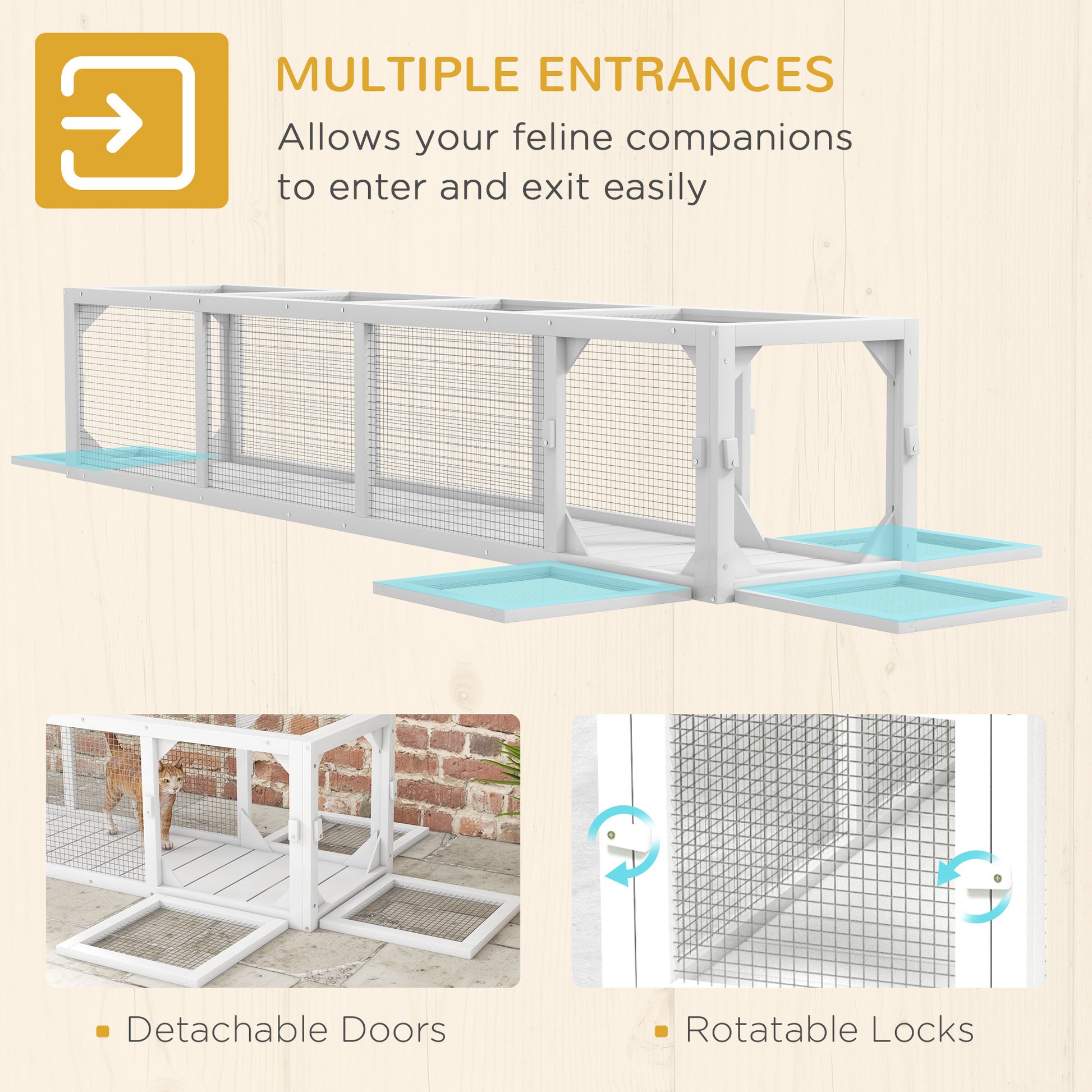 Pawhut Outdoor Cat Tunnel With Extendable Design, 79" L Wooden Cat Run With Weather Protection, Connecting Inside And Outside, For Deck Patios, Balconies, White White Black Wood