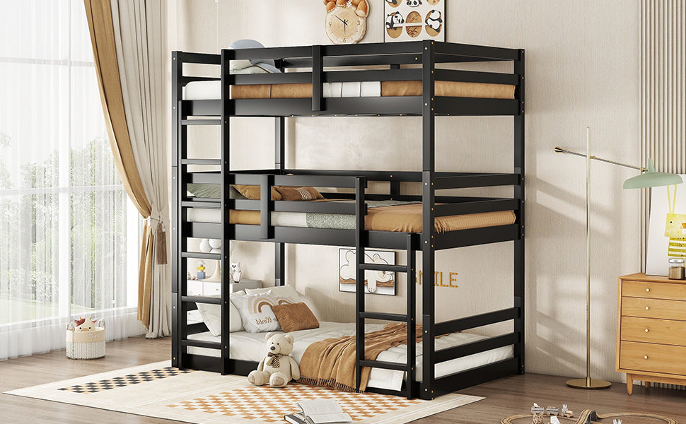 Triple Rubber Wood Bunk Bed With Two Built In Ladders, Guardrails, Twin Over Twin Over Twin, Detachable Triple Twin Bunk Bed,Black Twin Black Bedroom American Design Bed Frame Rubber Wood