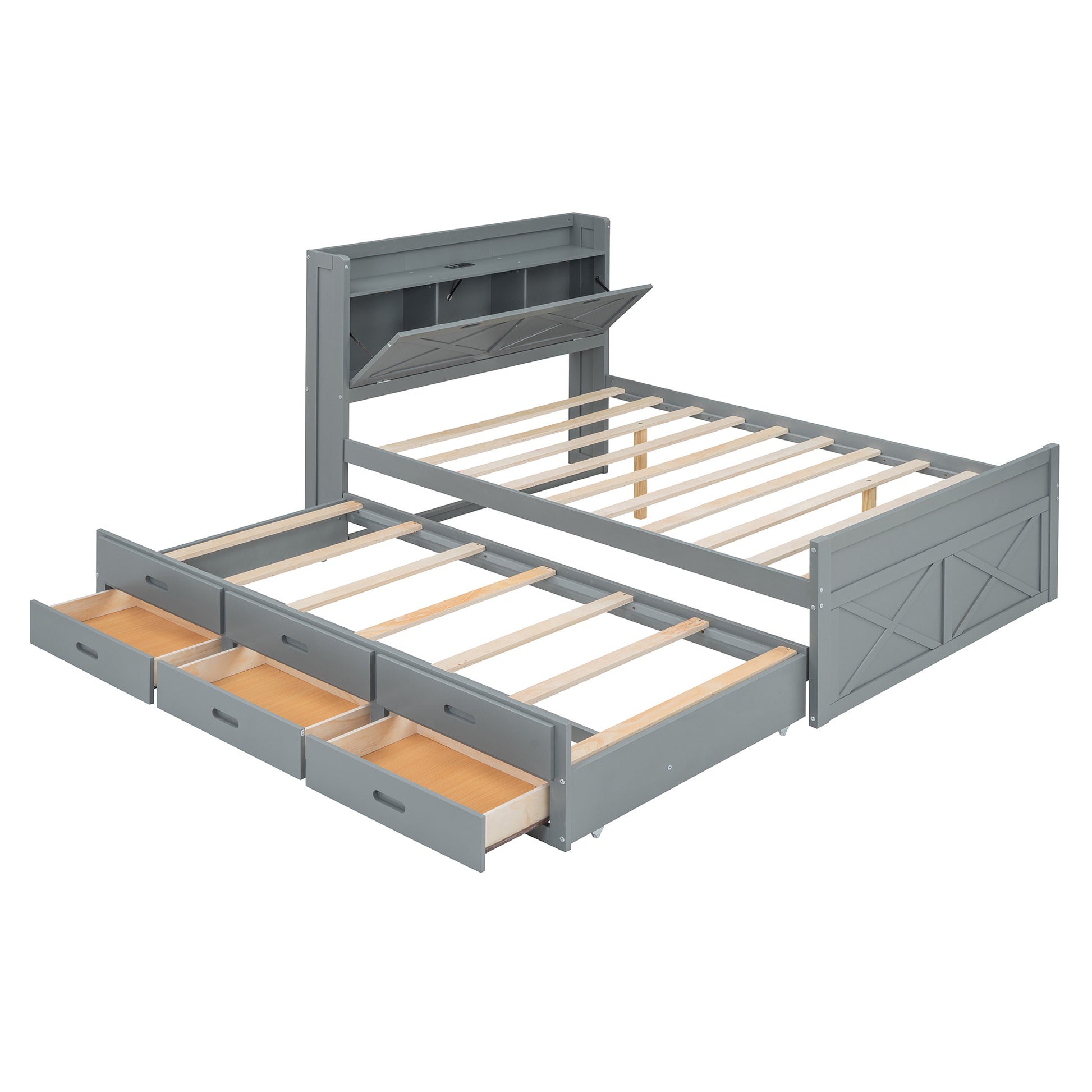 Full Size Wooden Bed With Storage Headboard With Outlets, Extendable Bed With Twin Size Trundle With Three Storage Drawers,Gray Expected Arrival Time:8.23 Full Gray Wood