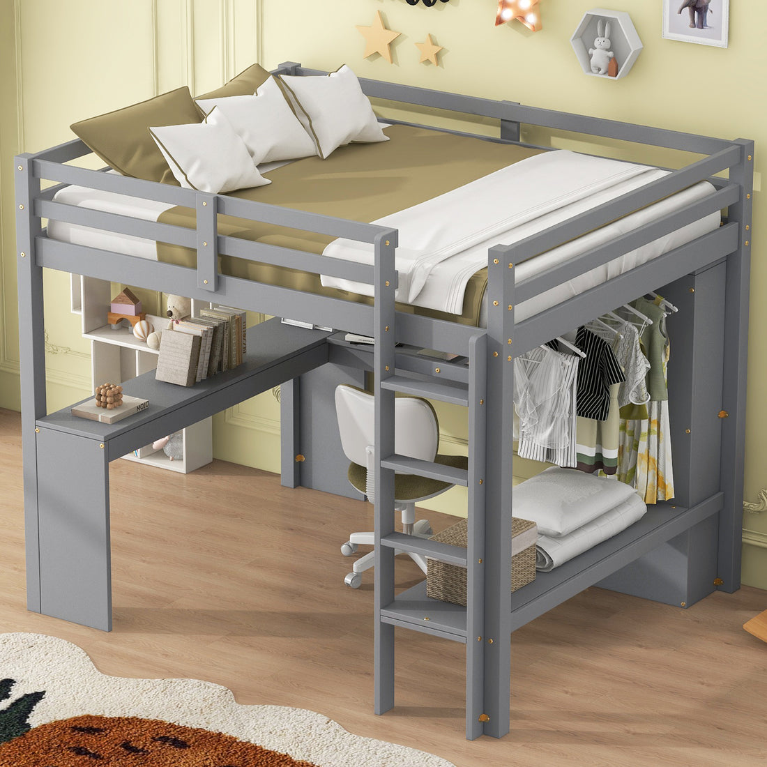 Full Size Loft Bed With L Shaped Desk, Wardrobe And Storage Shelves, Grey Box Spring Not Required Full Grey Wood Bedroom Solid Wood Mdf