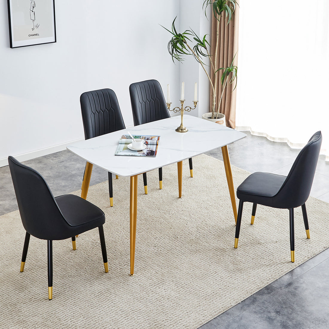 Table And Chair Set.A Morden Table With White Imitation Marble Patterned Stone Burning Tabletop With Golden Metal Legs.Paried With 4 Chairs With Pu Leather Backrest And Black Metal Legs. Black,White Gold Seats 4 Metal,Sintered Stone