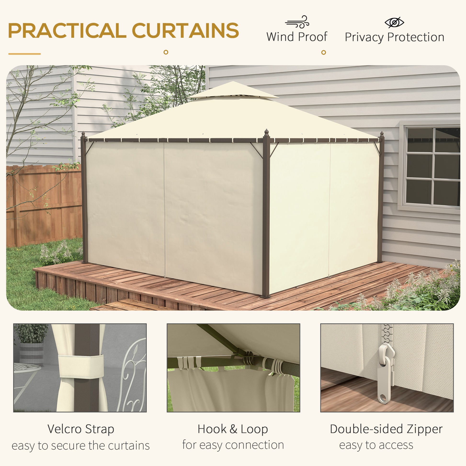 Outsunny 10' X 12' Steel Outdoor Patio Gazebo With Polyester Privacy Curtains, Two Tier Roof For Air, Large Design Beige Steel