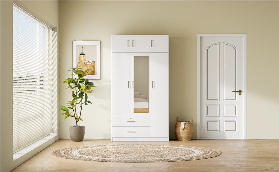 3 Door Mirror Wardrobe With 2 Drawers And Top Cabinet,White White Particle Board