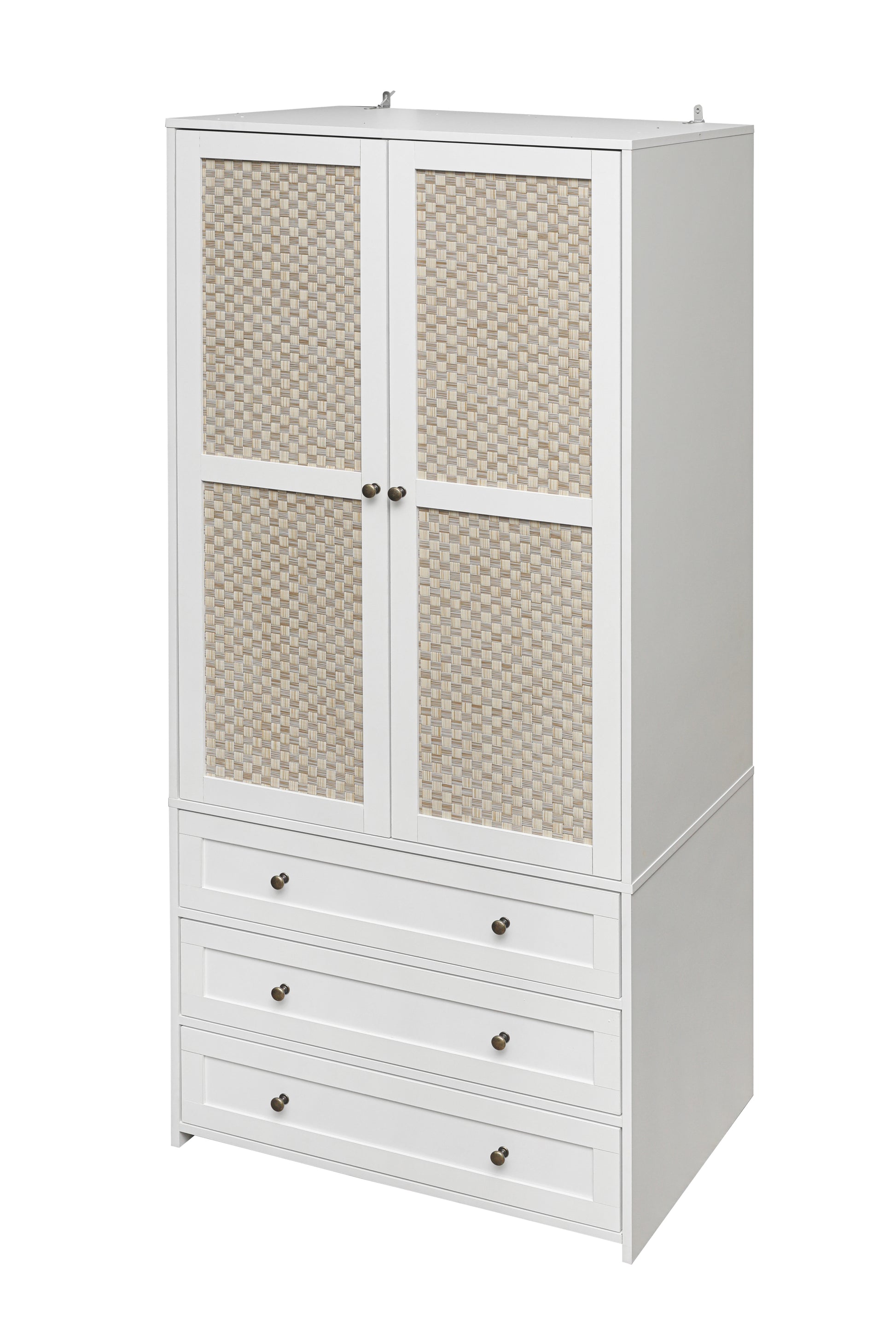 2 Door Wardrobe With 3 Drawers High Wardrobe Armoire With 2 Rattan Door For Living Room, Bedroom Organizer White Particle Board Mdf