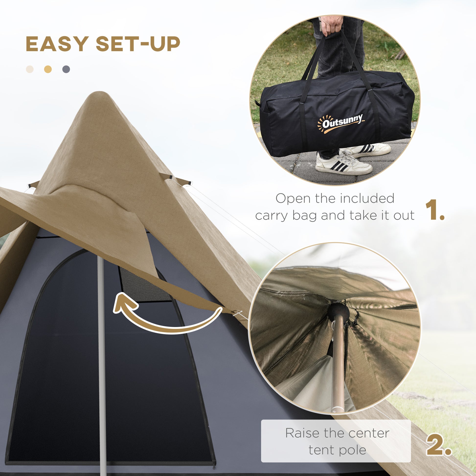 Outsunny 15.4'X15.4'X8.5' Teepee Tent, Waterproof Camping Tent With Porch Area, Floor And Carry Bag, For 2 3 Person Outdoor Backpacking Camping Hiking, Coffee Coffee Fabric
