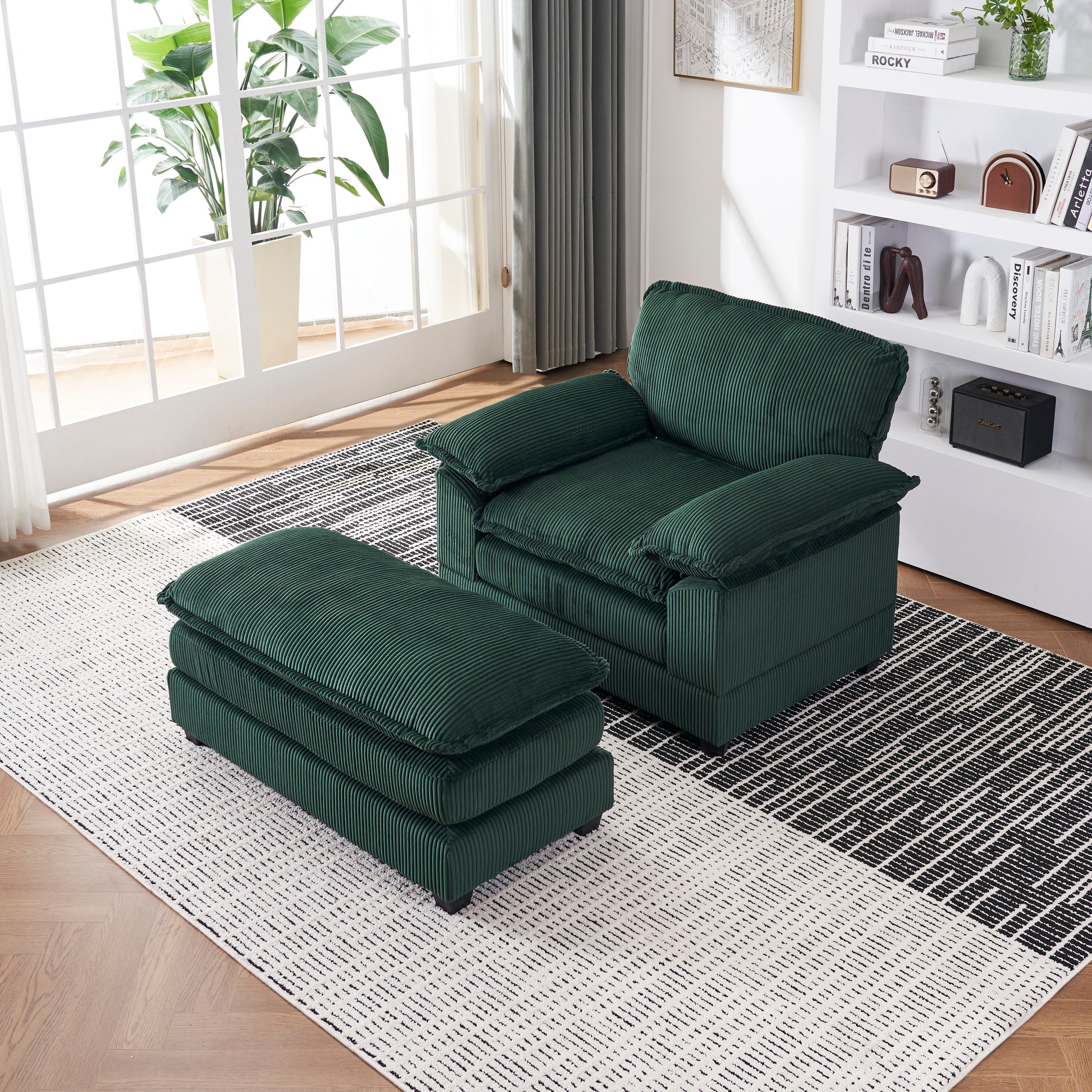 56.3 Inch Corduroy Single Sofa With 2 Toss Pillows And A Ottoman ,Comfy Sofa Deep Seat Couch For Living Room Green Foam 1 Seat