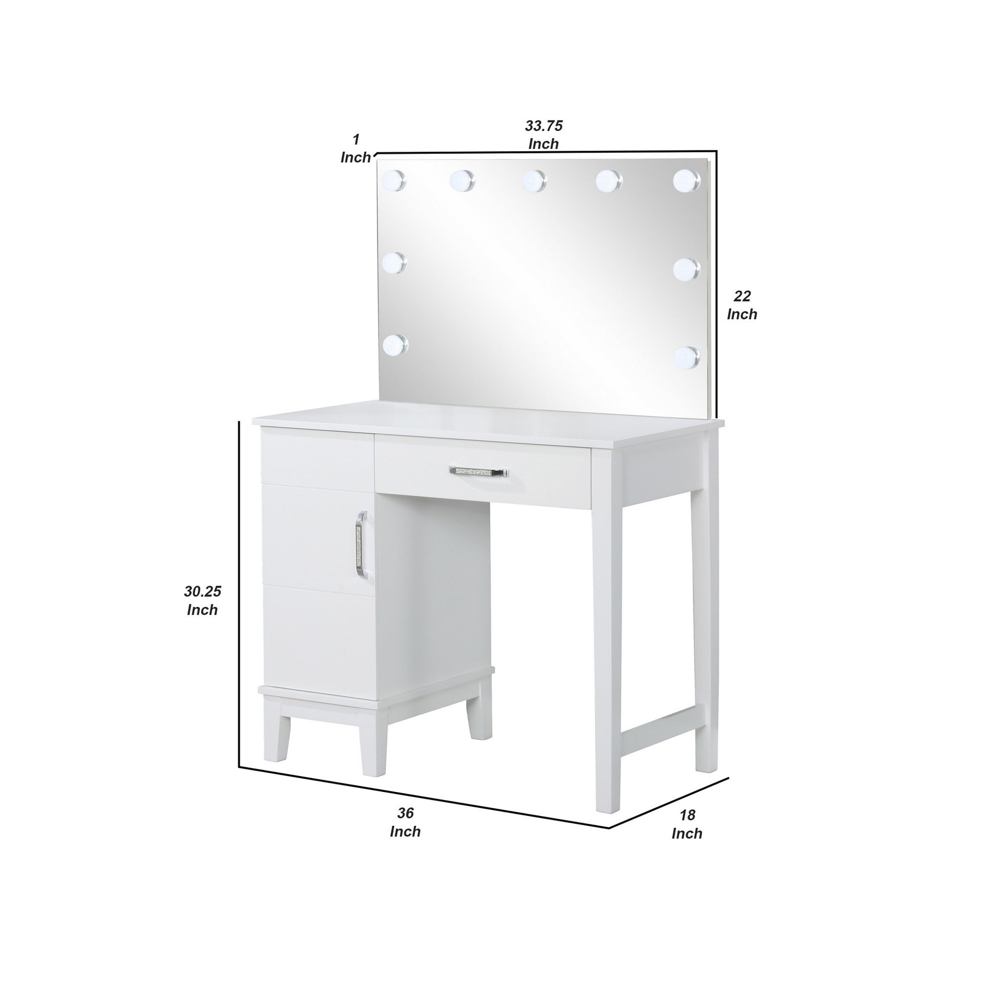 Vanity Set With 9 Led Bulbs And Tapered Block Legs, White White Solid Wood Mdf