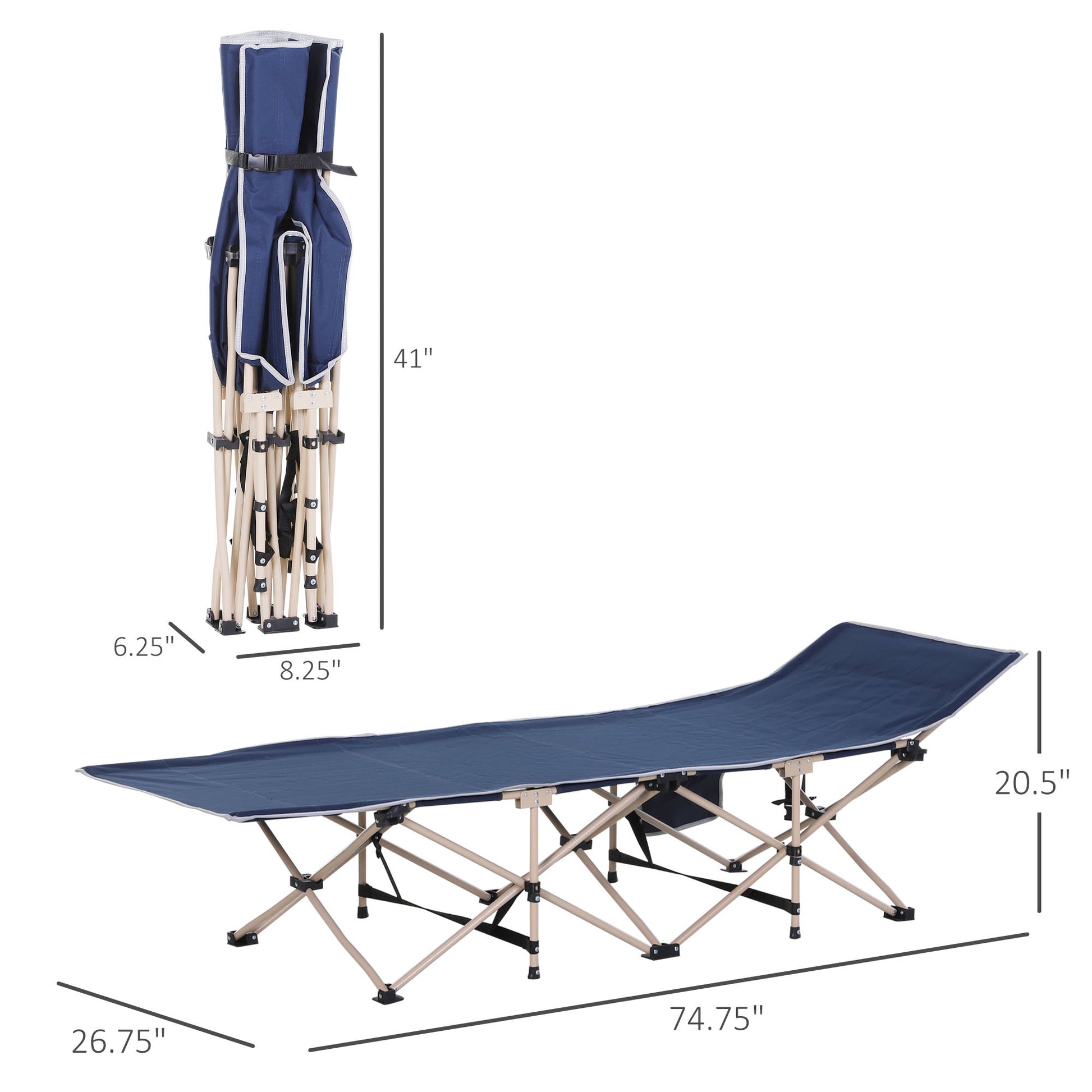 Outsunny Folding Camping Cot For Adults With Carry Bag, Side Pocket, Outdoor Portable Sleeping Bed For Travel, Camp, Vacation, 330 Lbs. Capacity, Blue Blue Steel
