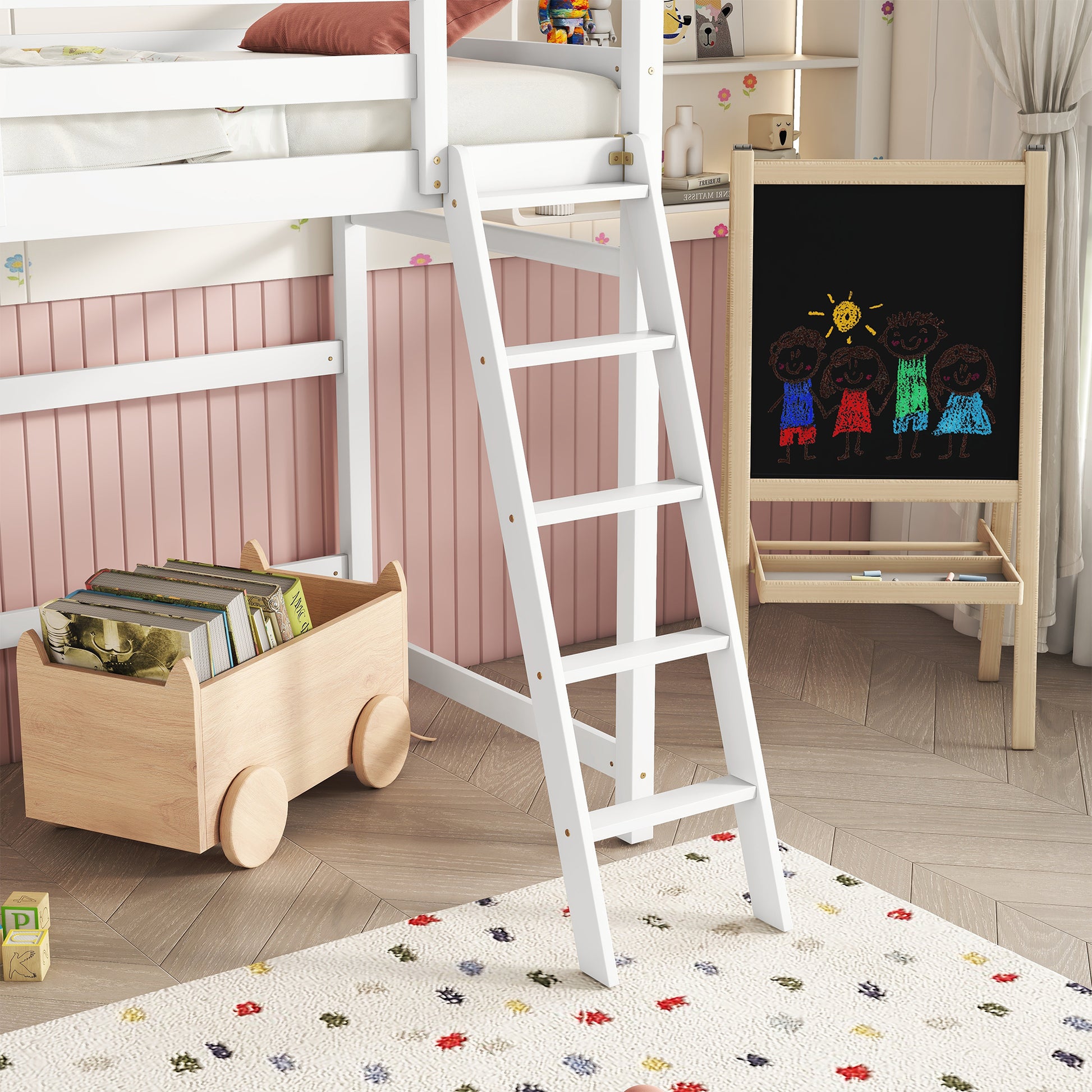 Twin Size High Loft Bed With Inclined Ladder, Guardrails,White Twin White American Design Pine