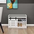 Modern Shoe Storage Bench, 2 Tier Entryway Bench With Sliding Barn Door & 2 Adjustable Shelves & Full Soft Removable Seat Cushion For Entryway, Hallway, Bedroom White White Mdf