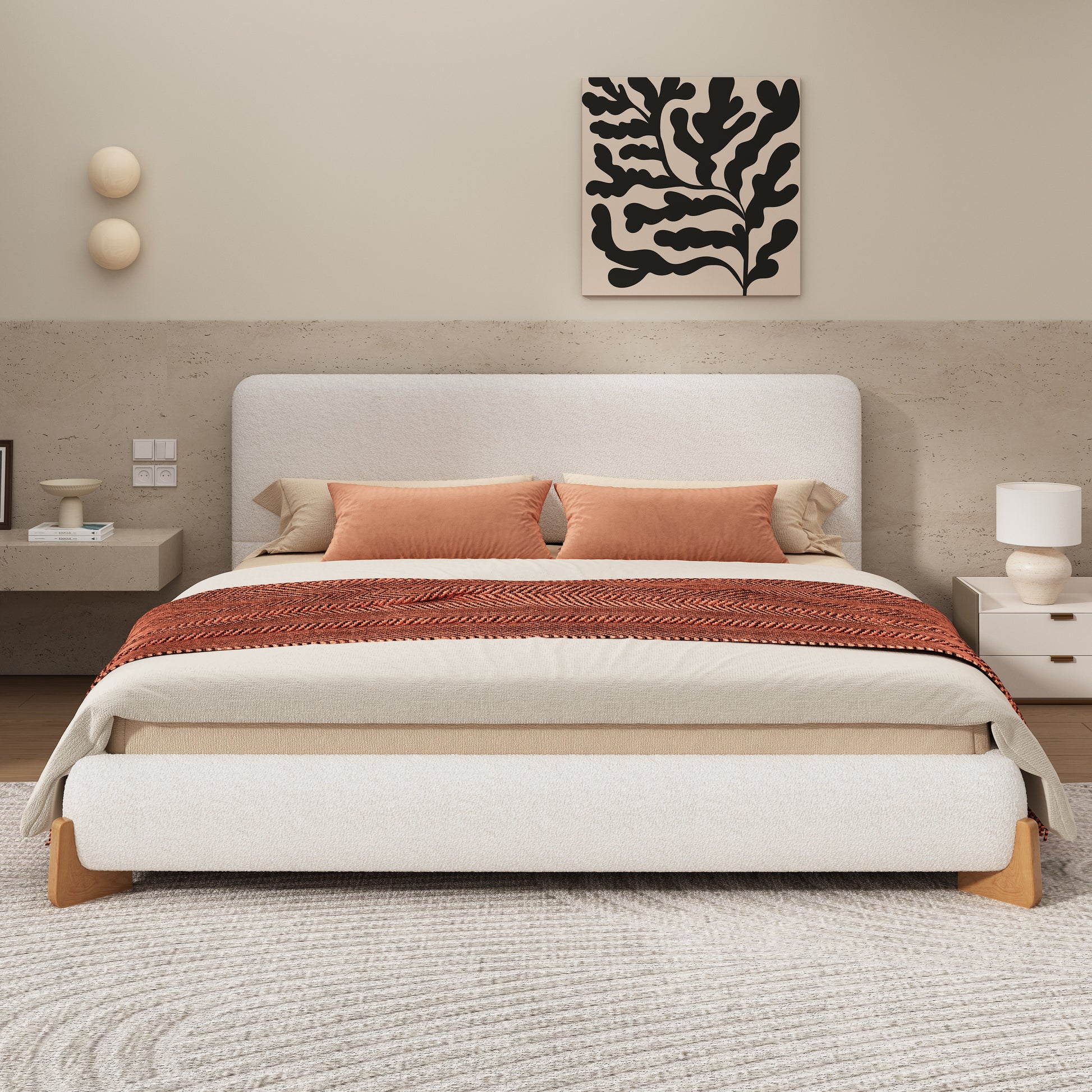 Elegant Boucle Upholstered Bed, A Luxurious And Comfortable Bedroom Centerpiece, King Size, White King White Wood Nature Bedroom Bed Frame Boucle Polyester