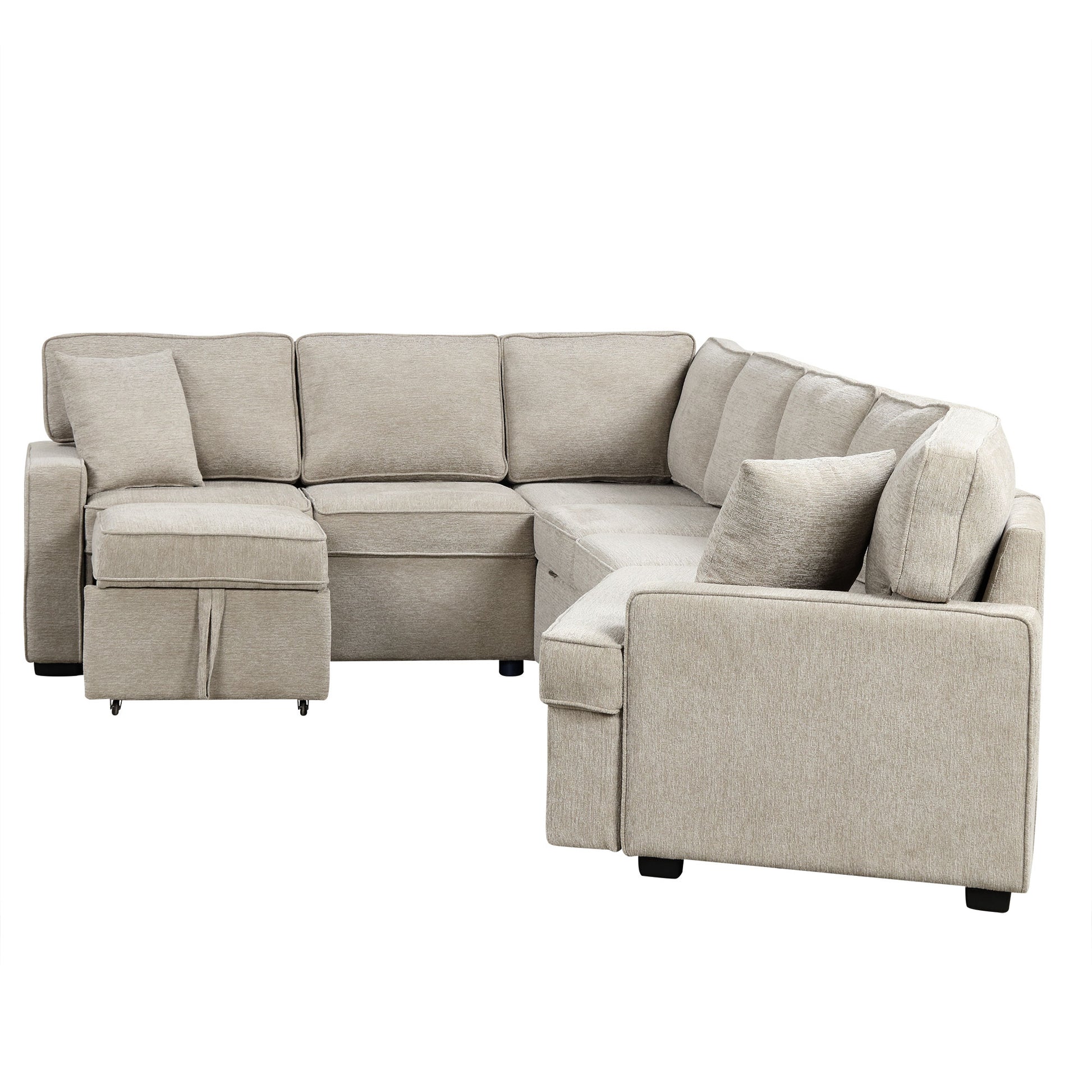 126" L Shaped Sofa Sectional Sofa Couch Pull Out Sofa Bed With Charging Devices And Cup Holders For Living Room, Beige Beige Foam Chenille 6 Seat