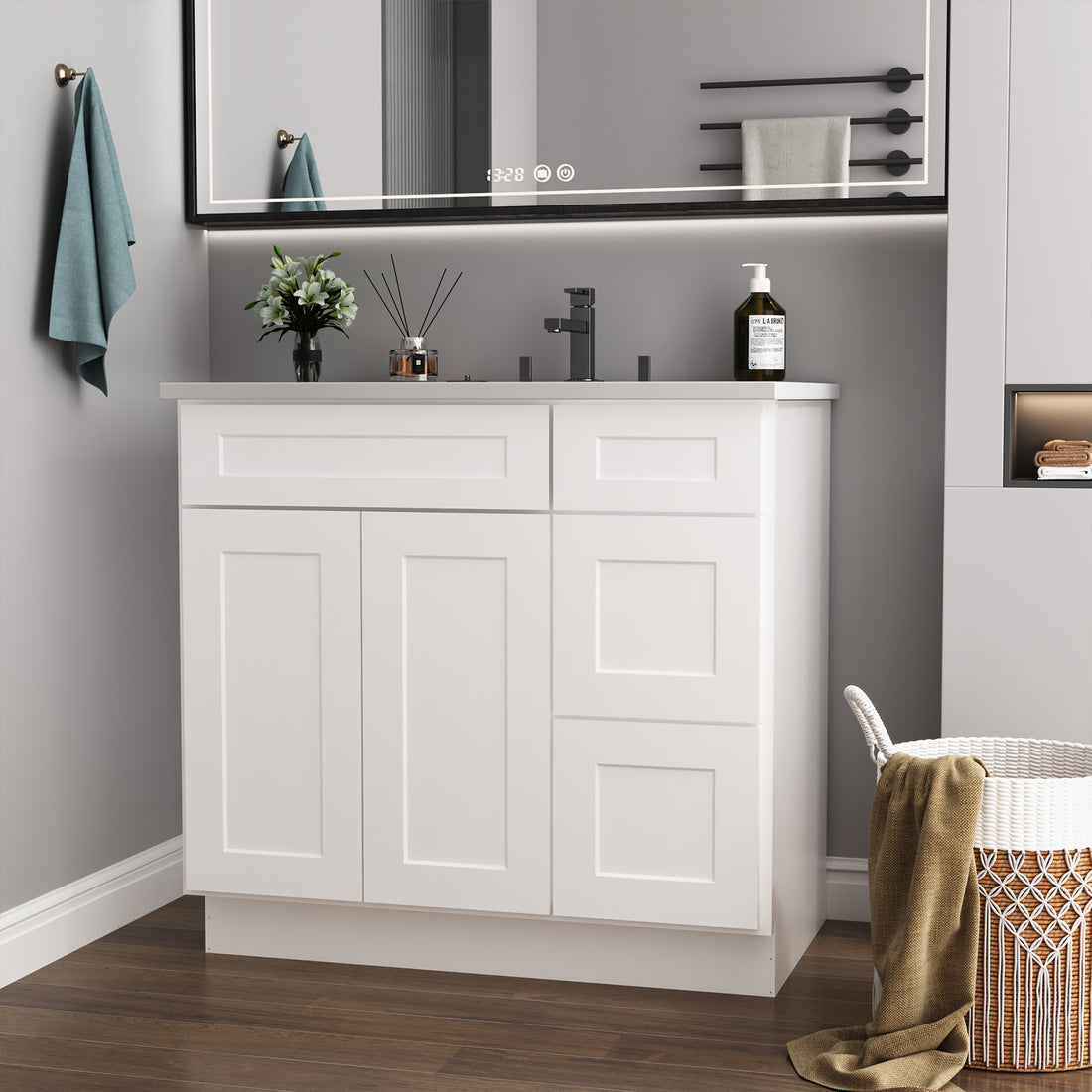 36 In. W X 21 In. D X 34.5 In. H In Shaker White Plywood Ready To Assemble Floor Vanity Sink Base Kitchen Cabinet With Right Door White Plywood