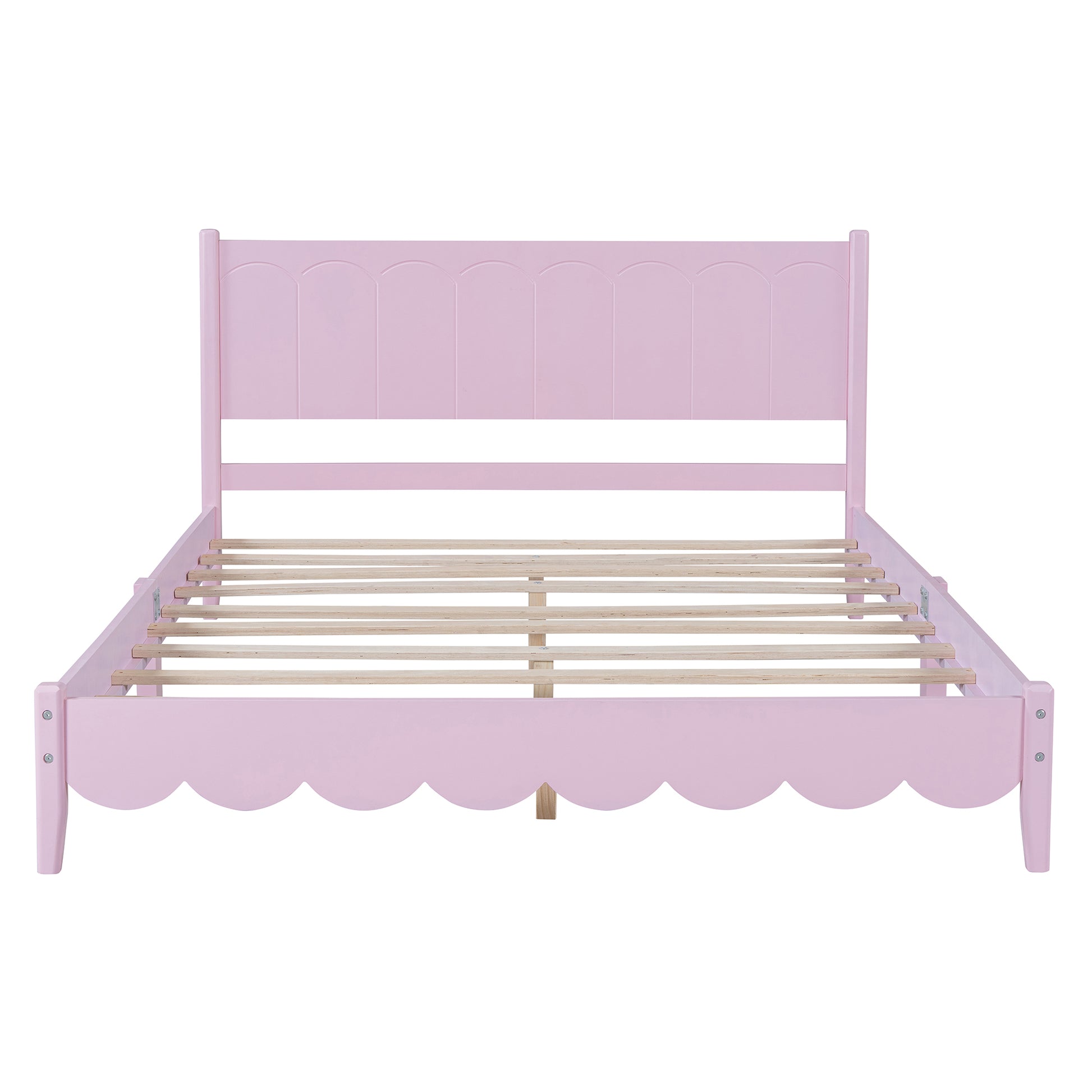 Queen Size Wood Platform Bed Frame, Retro Style Bed With Rectangular Headboard,No Need Box Spring,Pink Queen Pink Wood