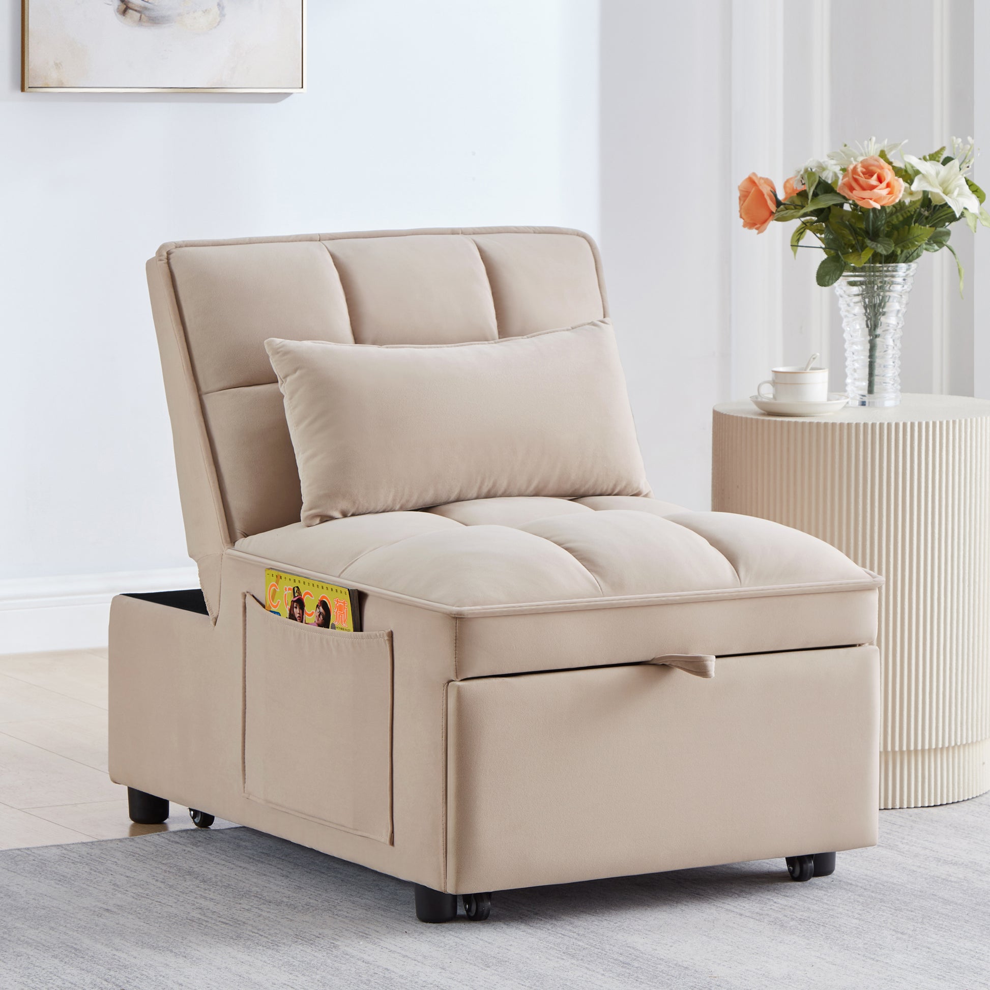 4 In1 Multi Function Single Sofa Bed With Storage Pockets,Tufted Single Pull Out Sofa Bed With Adjustable Backrest And Pillows ,Convertible Chaise Lounge,Taupe Taupe Velvet Metal Primary Living Space American Design Armless Foam Velvet 1 Seat