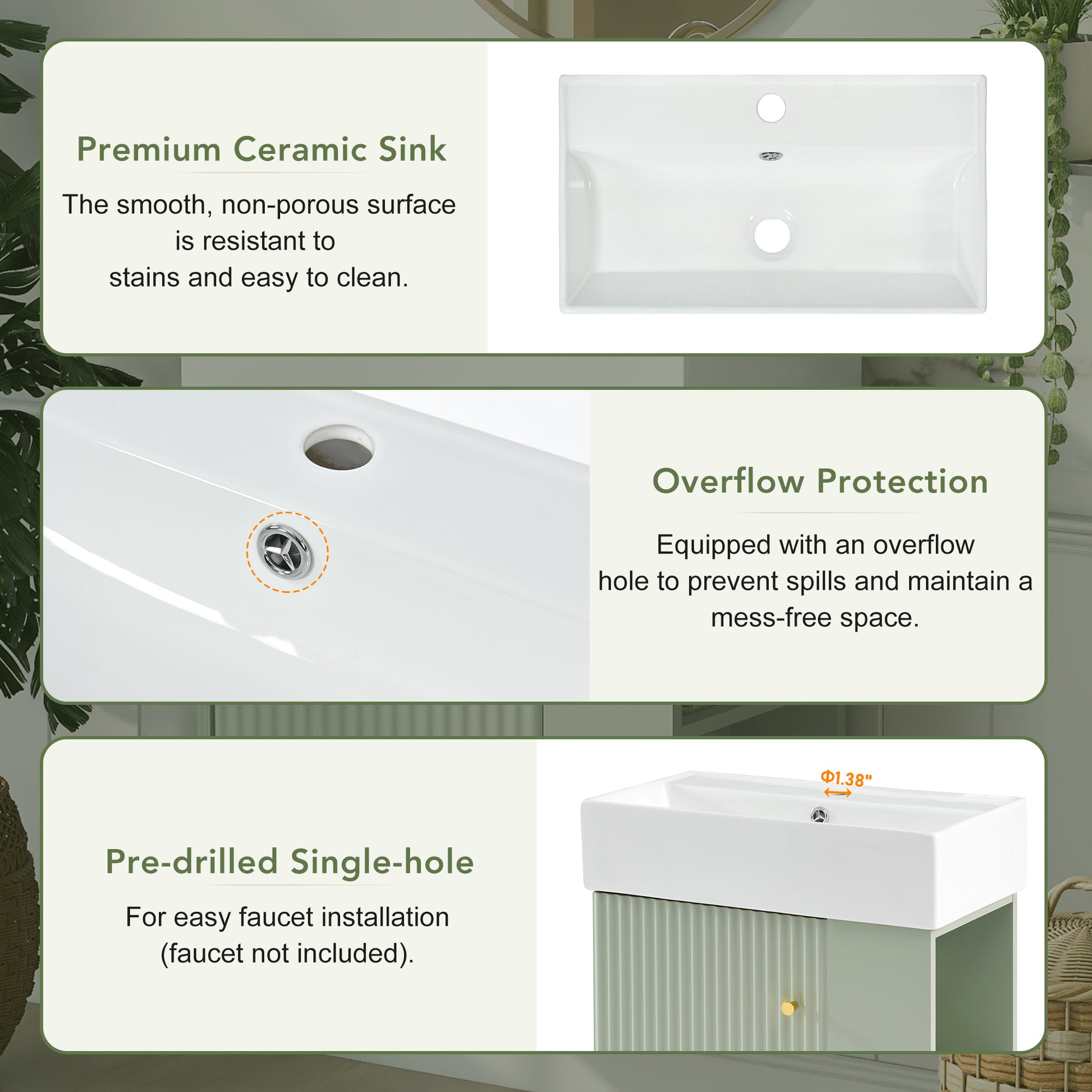 Video 21.6 Inch Modern Floating Bathroom Vanity With Ceramic Basin Perfect For Small Bathrooms, Right Side Storage Green Bathroom Ceramic Mdf
