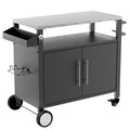 Two Doors Outdoor Grill Cart With Patio Furniture, Outdoor Grill Table With Storage,Rolling Bar Cart Outdoor Bbq Cart With Hooks And Spice Rack For Grilling Accessories, Black Black Silver Stainless