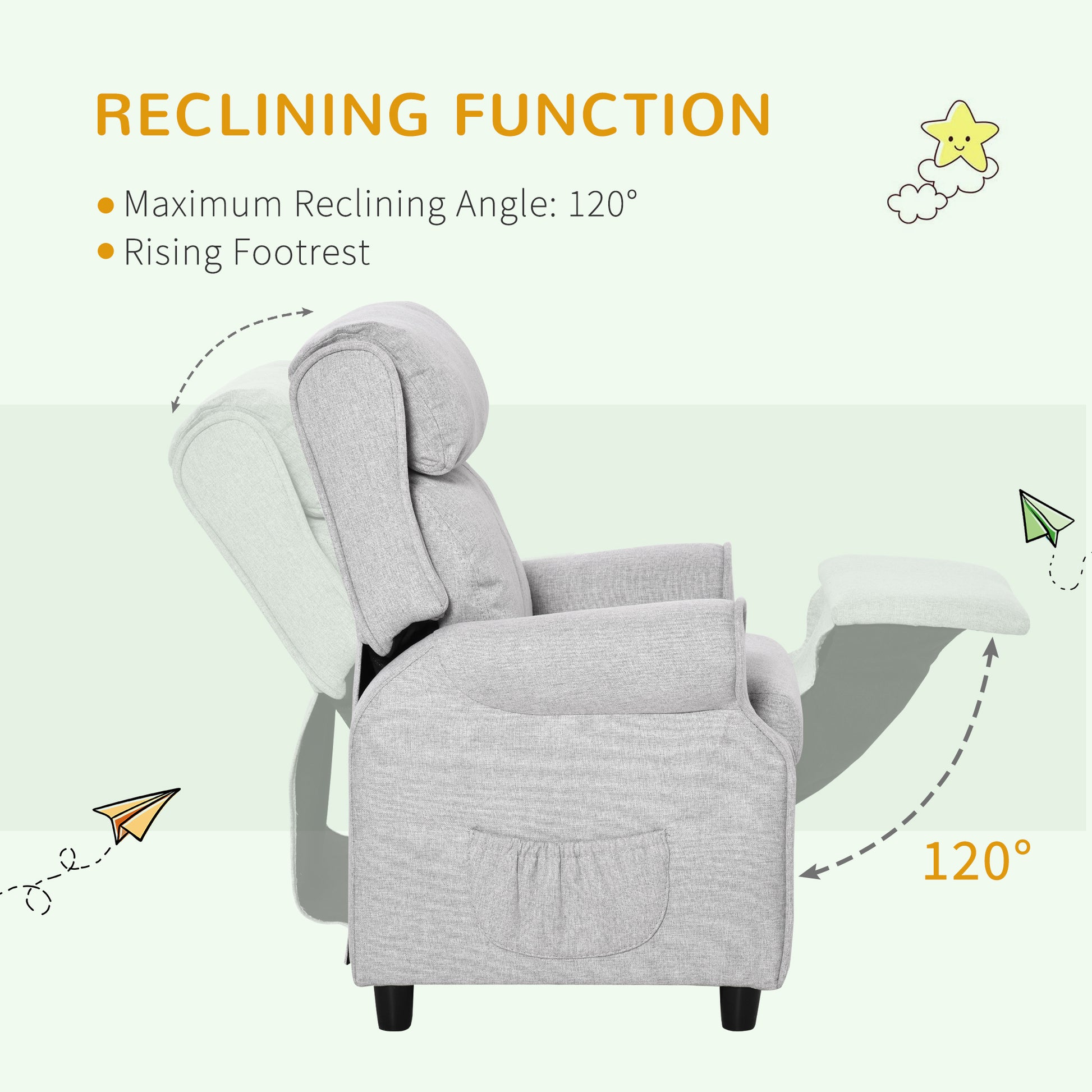 Qaba Kids Recliner Chair Children Sofa Angle Adjustable Single Lounger Armchair Gaming Chair With Footrest 2 Side Pockets For 3 5 Years, Light Grey Light Grey Wood