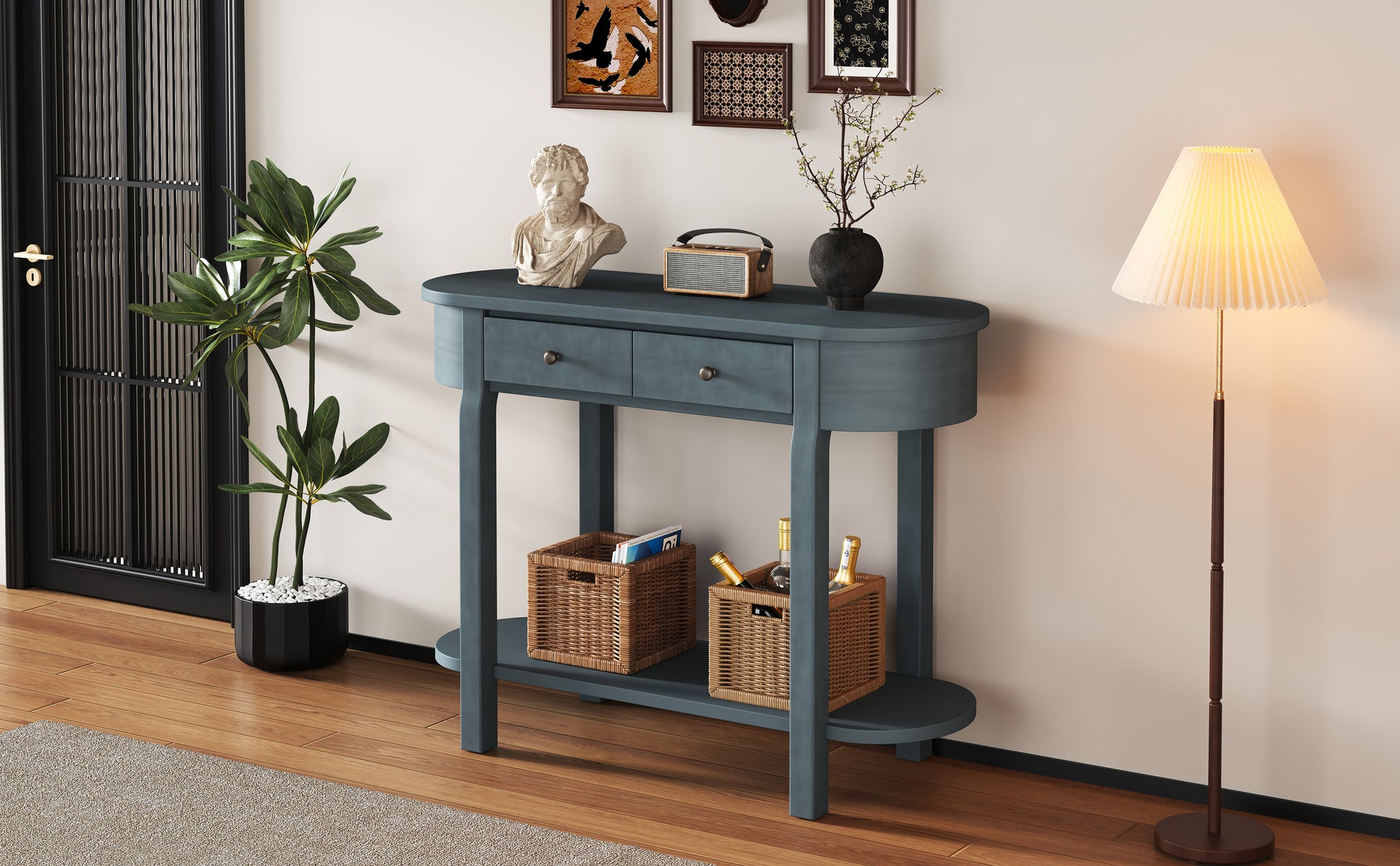 Elegant Retro Console Table With Curved Design And Smooth Glaze For Entryways, Living Rooms And Hallways Navy Navy Solid Wood Mdf
