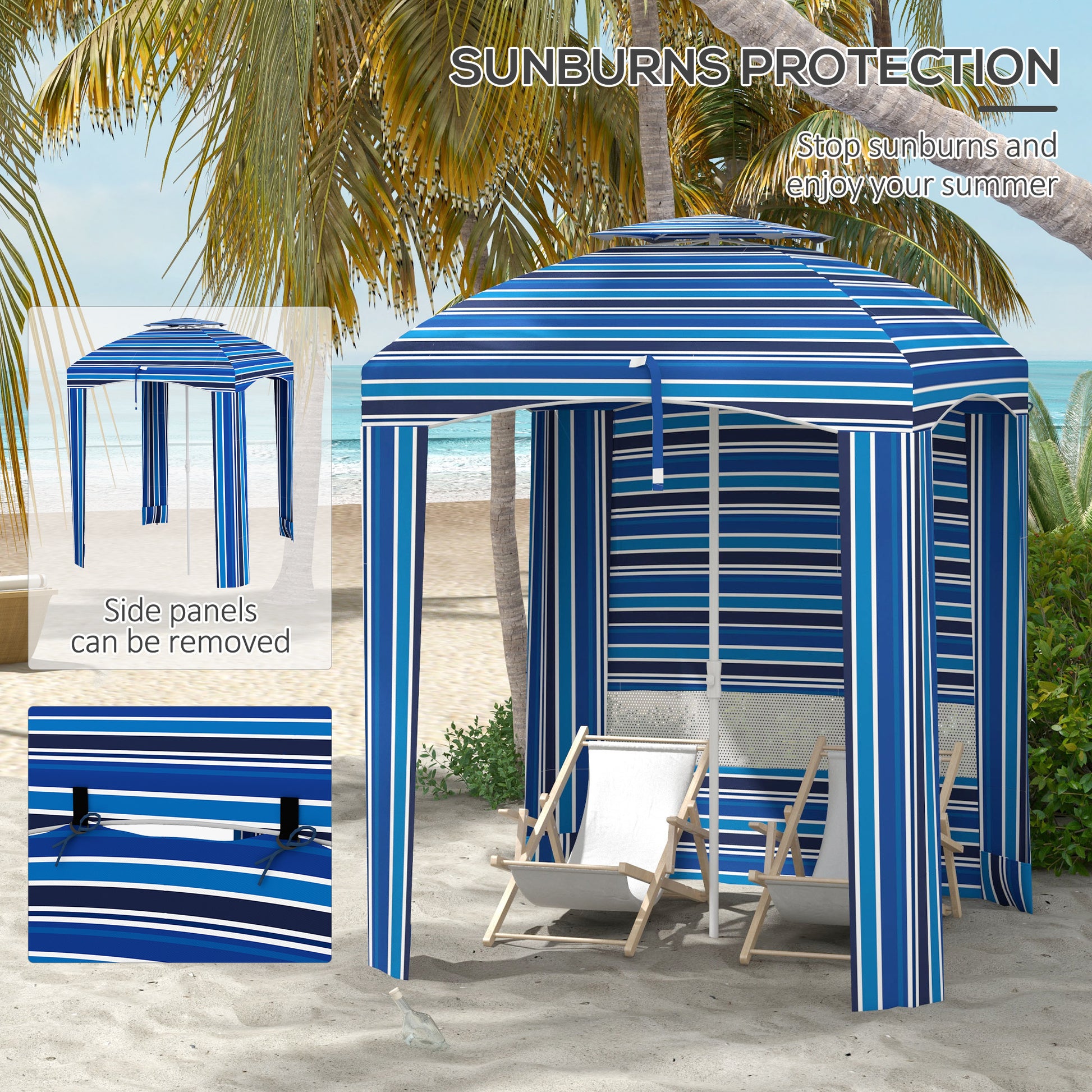 Outsunny 5.8' X 5.8' Portable Beach Umbrella With Double Top, Ruffled Outdoor Cabana With Walls, Vents, Sandbags, Carry Bag, Blue Stripe Multicolor Polyester