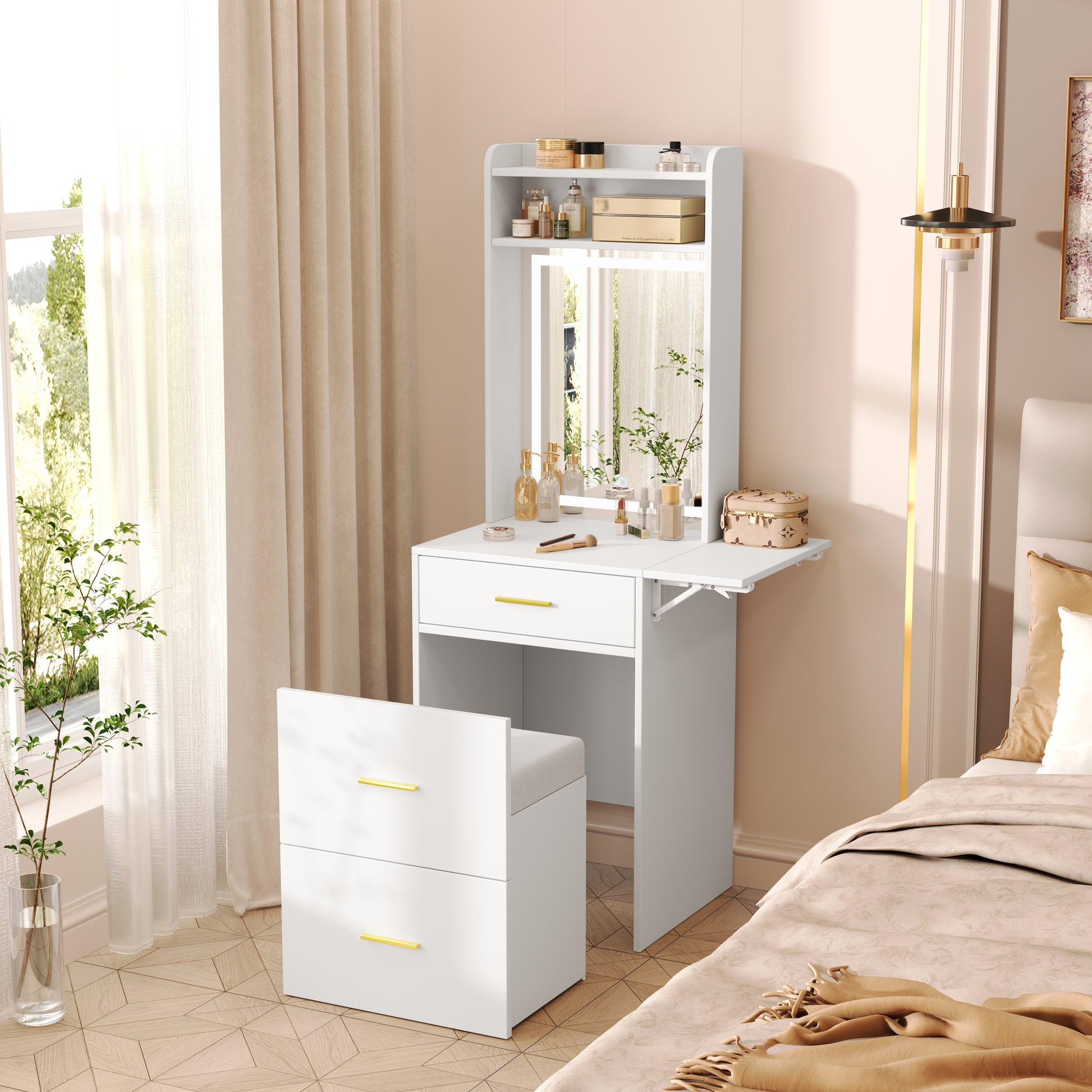 Small Vanity Desk With Mirror And Light, Dressing Table With Charging Station & Fold Up Panel For Small Space, Compact Makeup Vanity Set With Hidden Stool For Bedroom, White White Mdf,Tempered Glass