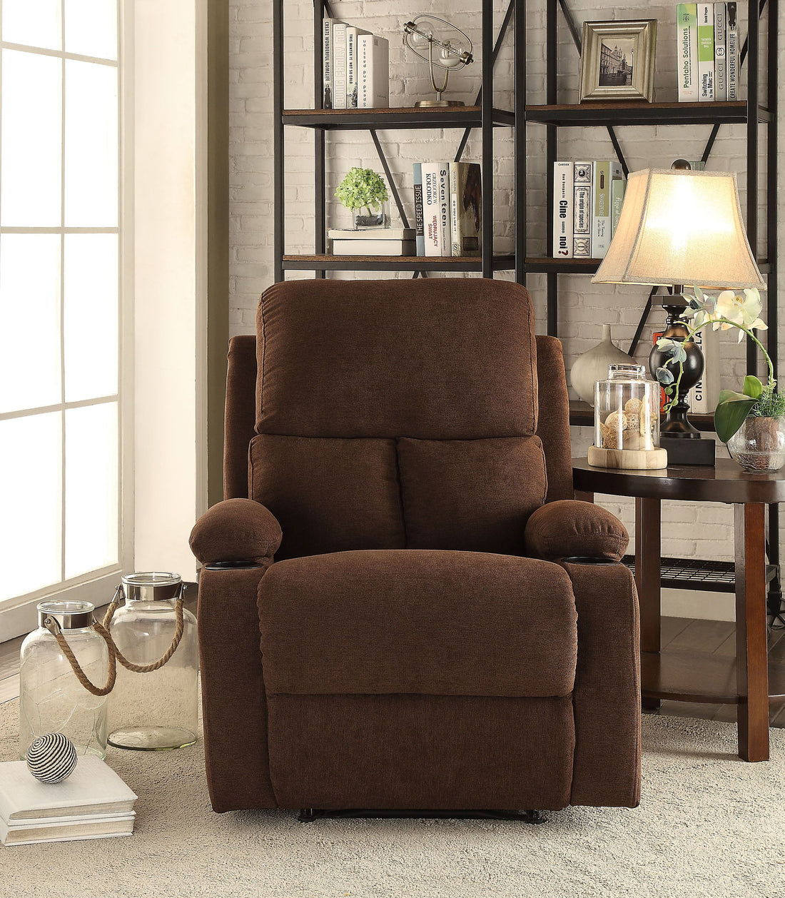 Chocolate Recliner With Cup Holder Chocolate Linen Manual Handle Metal Primary Living Space Tight Back Handle Pillow Top Arms Fabric Metal