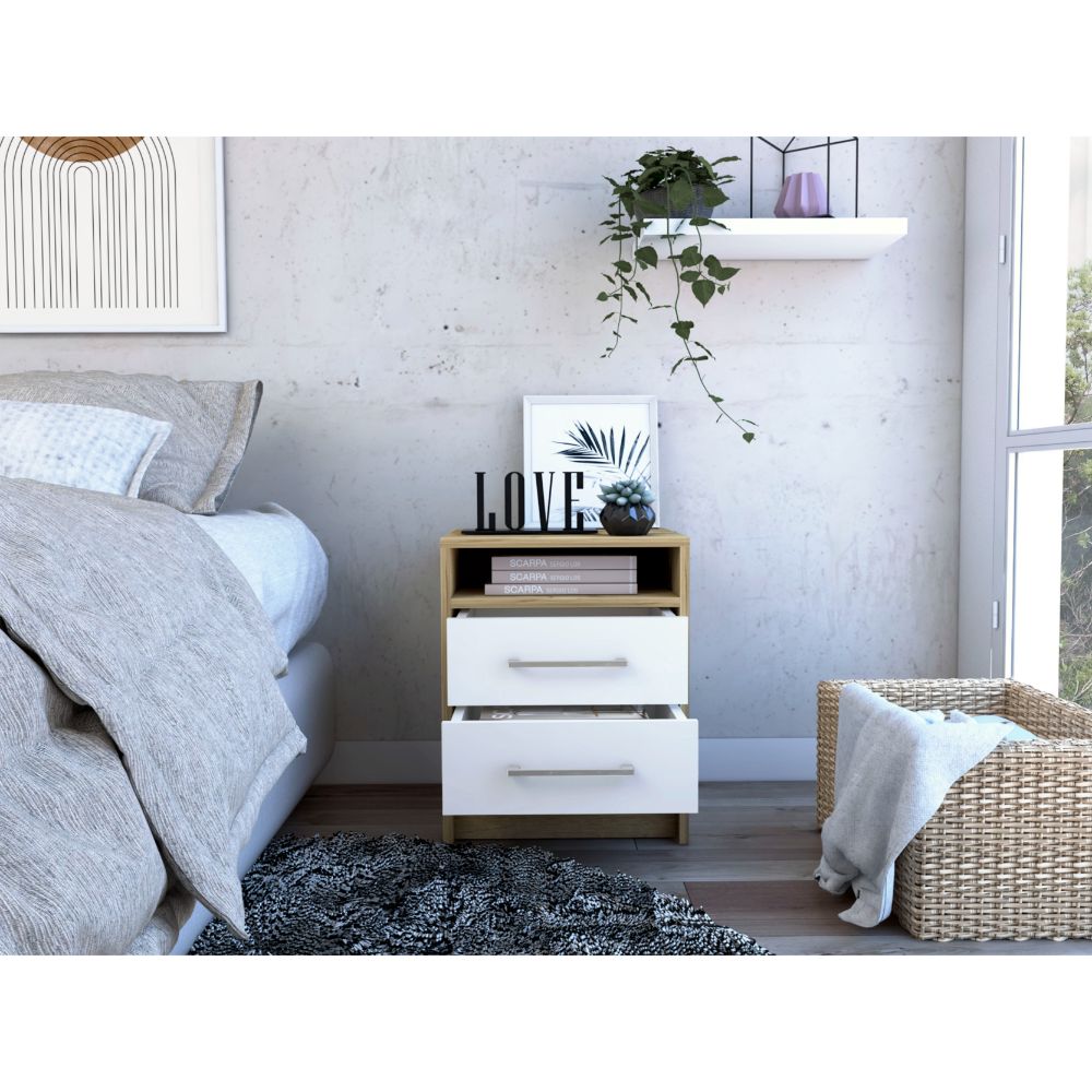 Nightstand 20"H, Two Drawers, Superior Top, Metal Handles, White Light Oak Multicolor Particle Board Particle Board