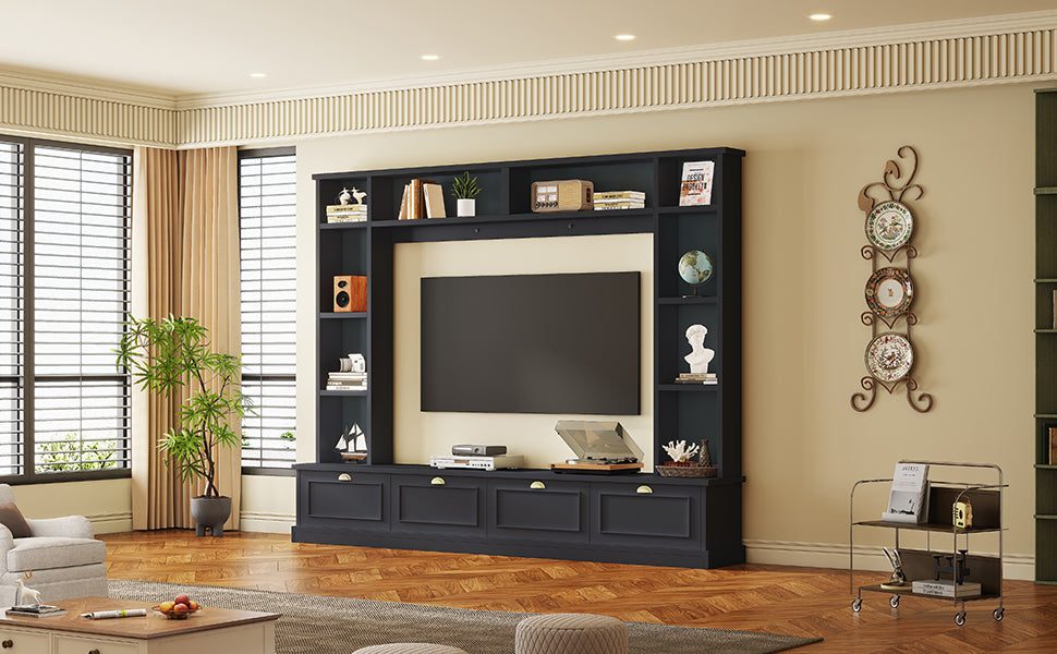 Large Wall Unit Entertainment Center With Bookshelves For Tvs Up To 78'', Modern Tv Console With Cabinets And Open Shelves, 4 In 1 Tv Stand With Golden Handles, Black, 104.2''W*81.2''H Black 70 79 Inches Mdf