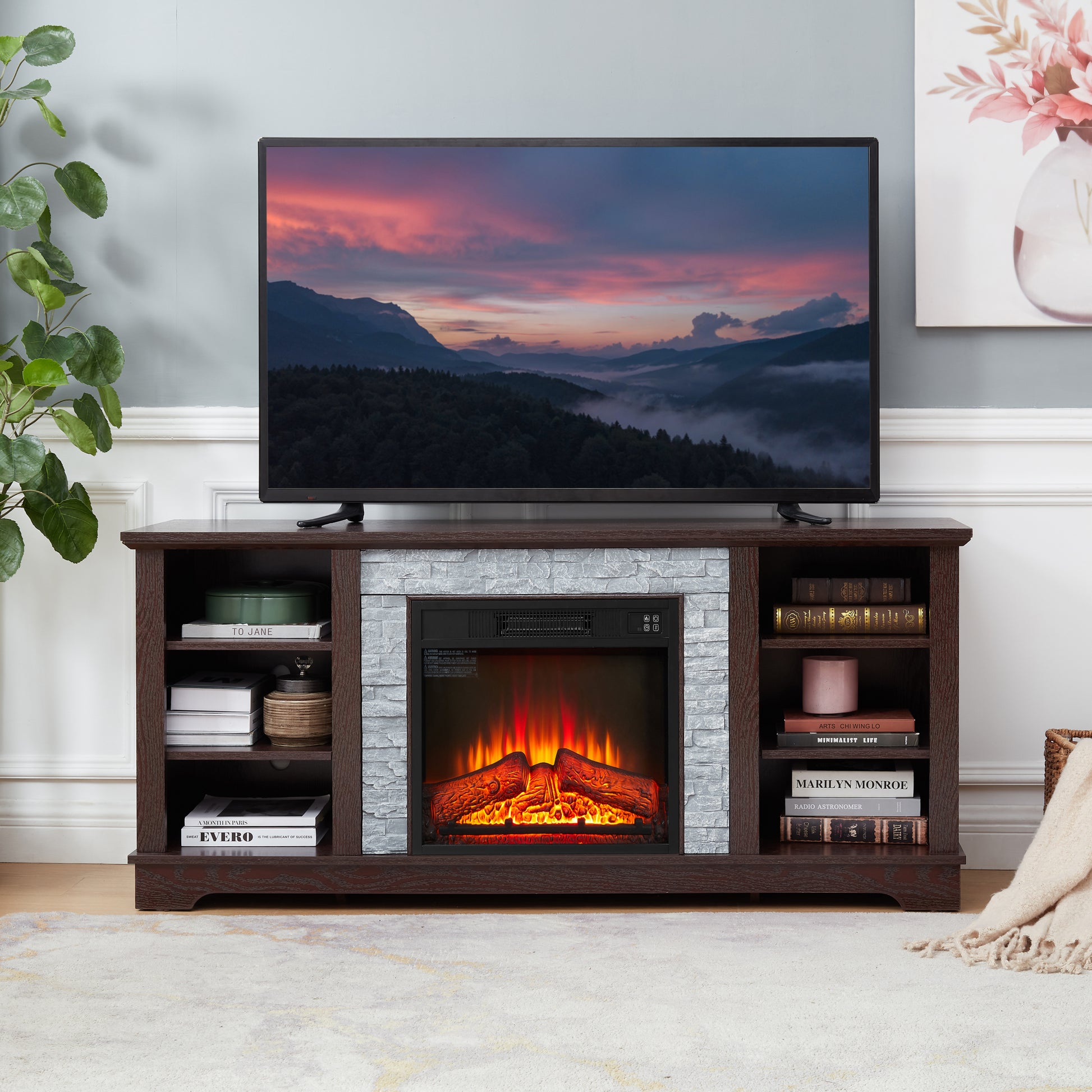 Faux Stacked Stone Tv Media Stand With Open Storage Modern Entertainment Console Space With 18" Fireplace Insert, Cherry, 58.31"W*15.39"D*26.06"H Cherry 60 69 Inches Mdf