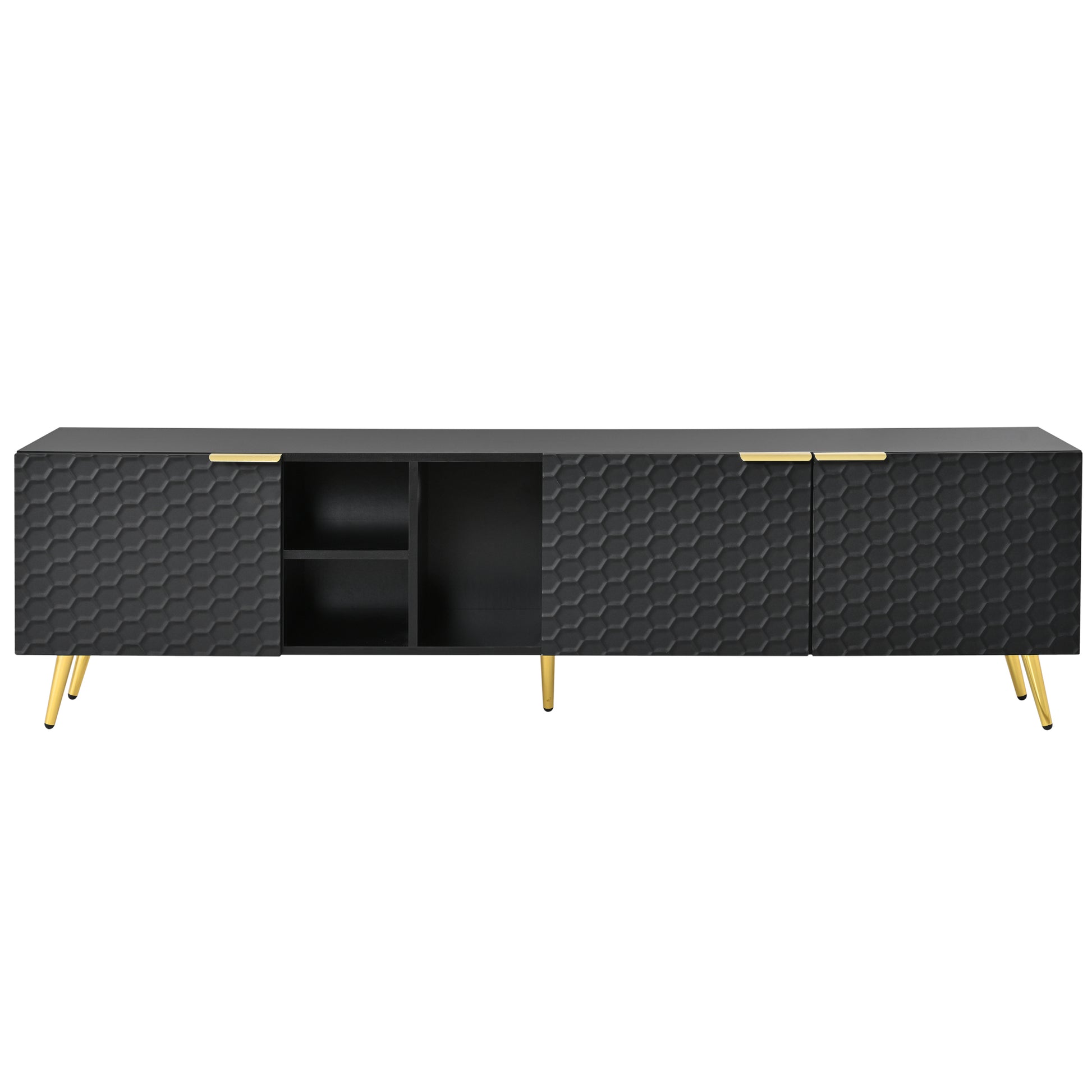 Modern Minimalist Geometric Tv Cabinet With Metal Handles And Gold Legs For Tvs Up To 80'', Multi Functional Tv Stand With Storage Cabinets, Entertainment Center For Living Room, Black Black Gold Primary Living Space 80 89 Inches 80 89 Inches 80 Inches