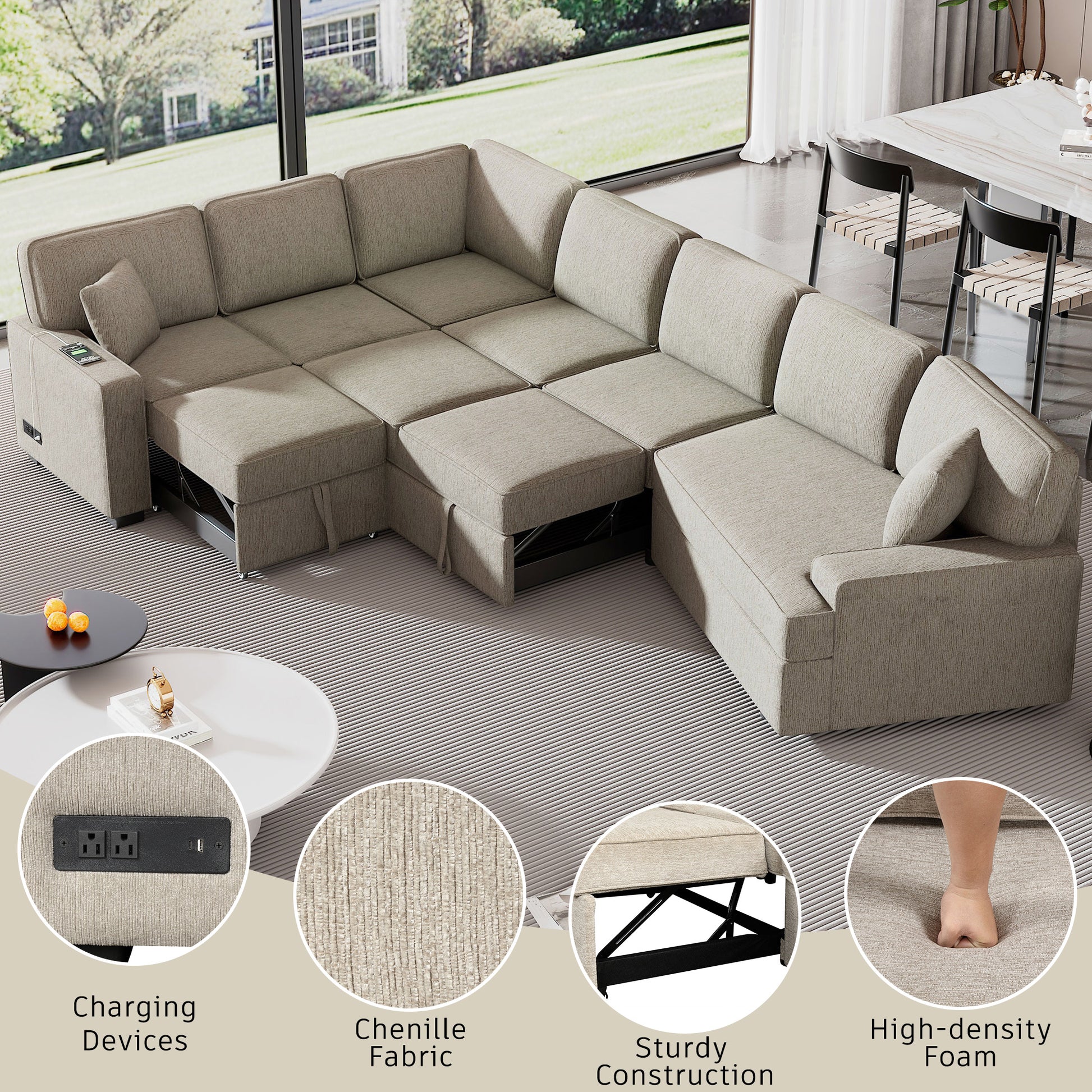 126" L Shaped Sofa Sectional Sofa Couch Pull Out Sofa Bed With Charging Devices And Cup Holders For Living Room, Beige Beige Foam Chenille 6 Seat