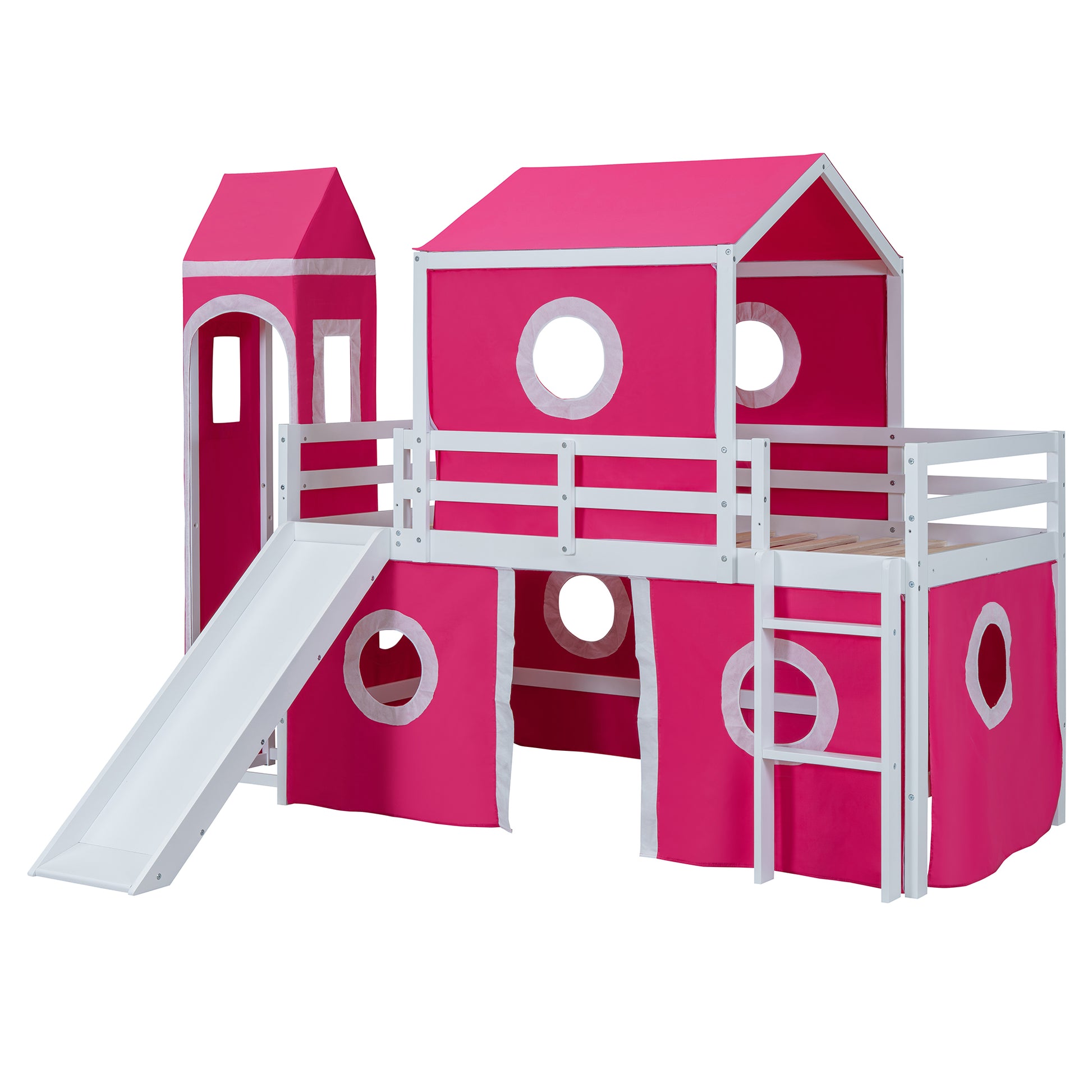 Twin Size Loft Bed With Slide Pink Tent And Tower Pink Old Sku:Wf298769Aah Twin Pink Solid Wood