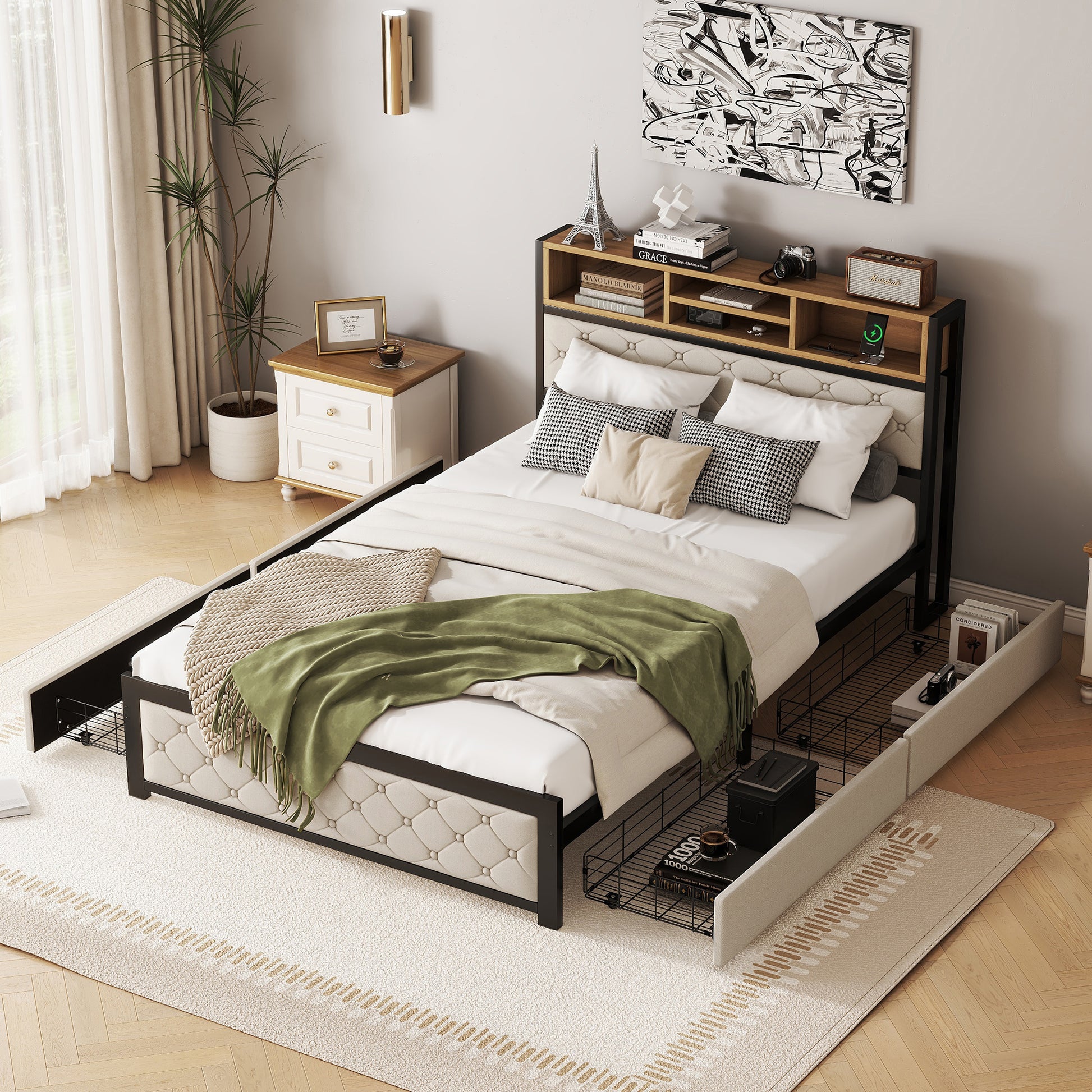 Metal Full Size Platform Bed With 4 Drawers, Upholstered Headboard And Footboard, Sockets And Usb Ports, Beige Full Beige Black Fabric Metal