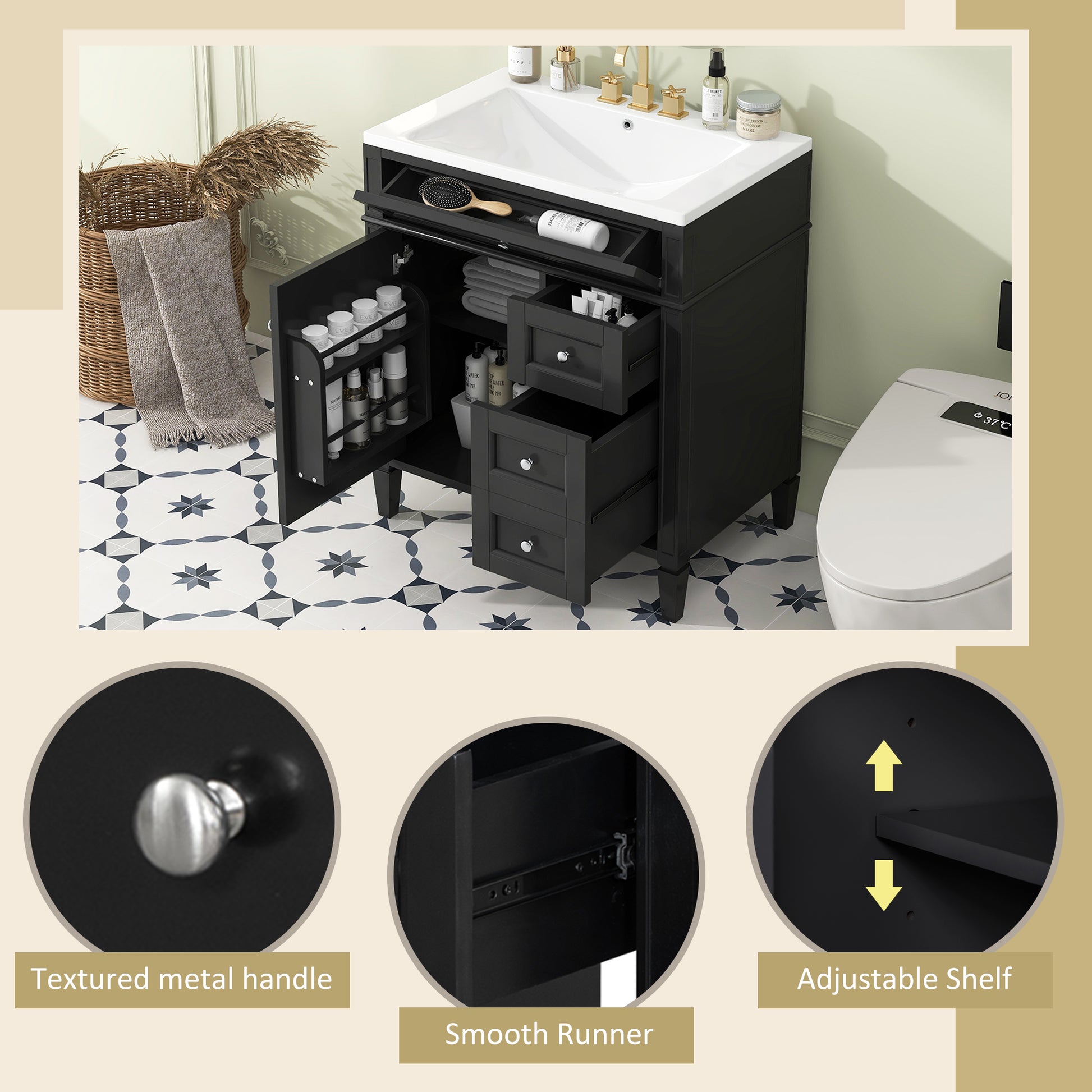 30'' Bathroom Vanity With Top Sink, Modern Bathroom Storage Cabinet With 2 Drawers And A Tip Out Drawer, Single Sink Bathroom Vanity Black Bathroom Solid Wood Mdf