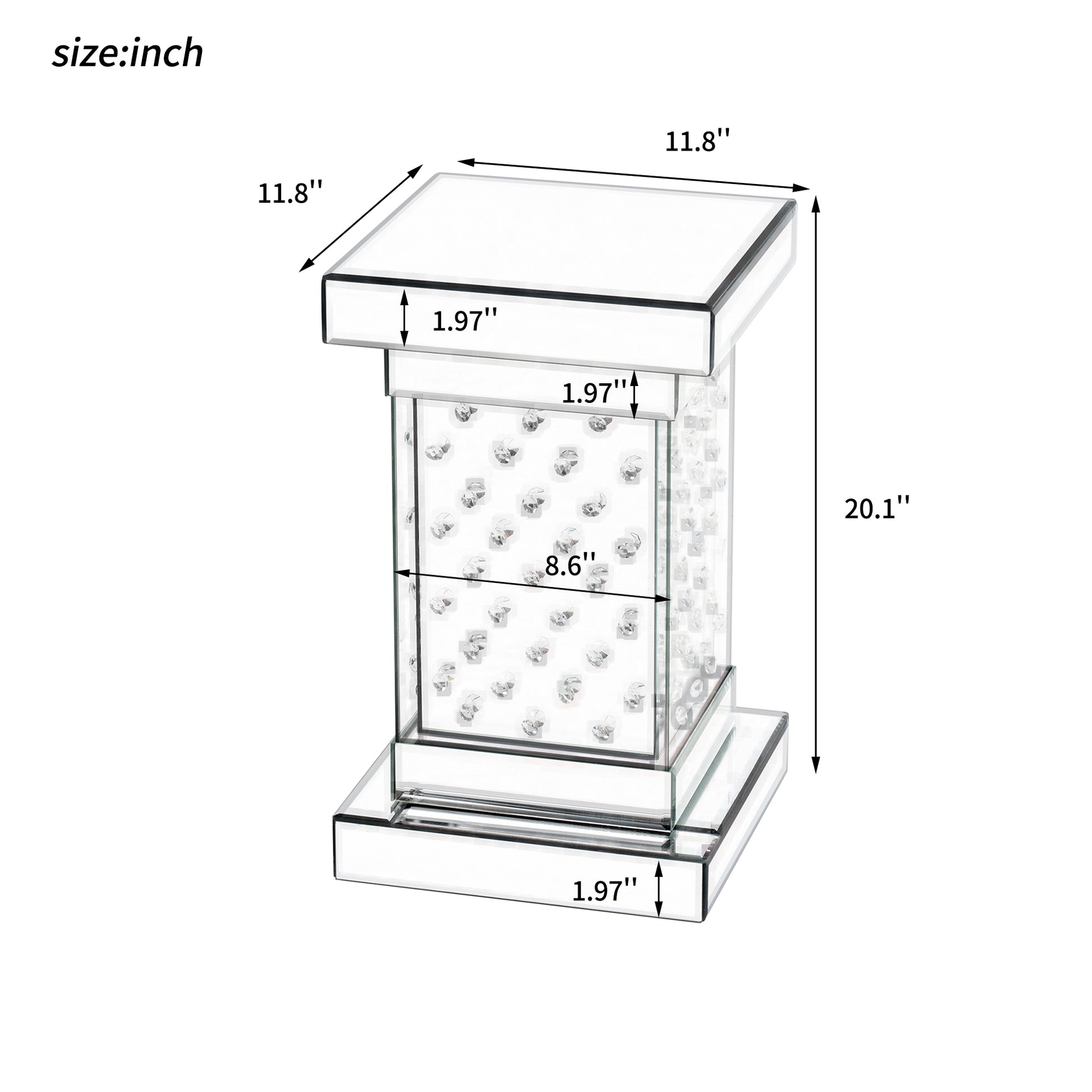 11.8'' Silver Square Mirrored End Table With Led Lights, Modern Side Table With Crystal Inlay For Living Room, No Assembly Required Silver Mirrored Finish Luxury,Modern Square Mdf Glass