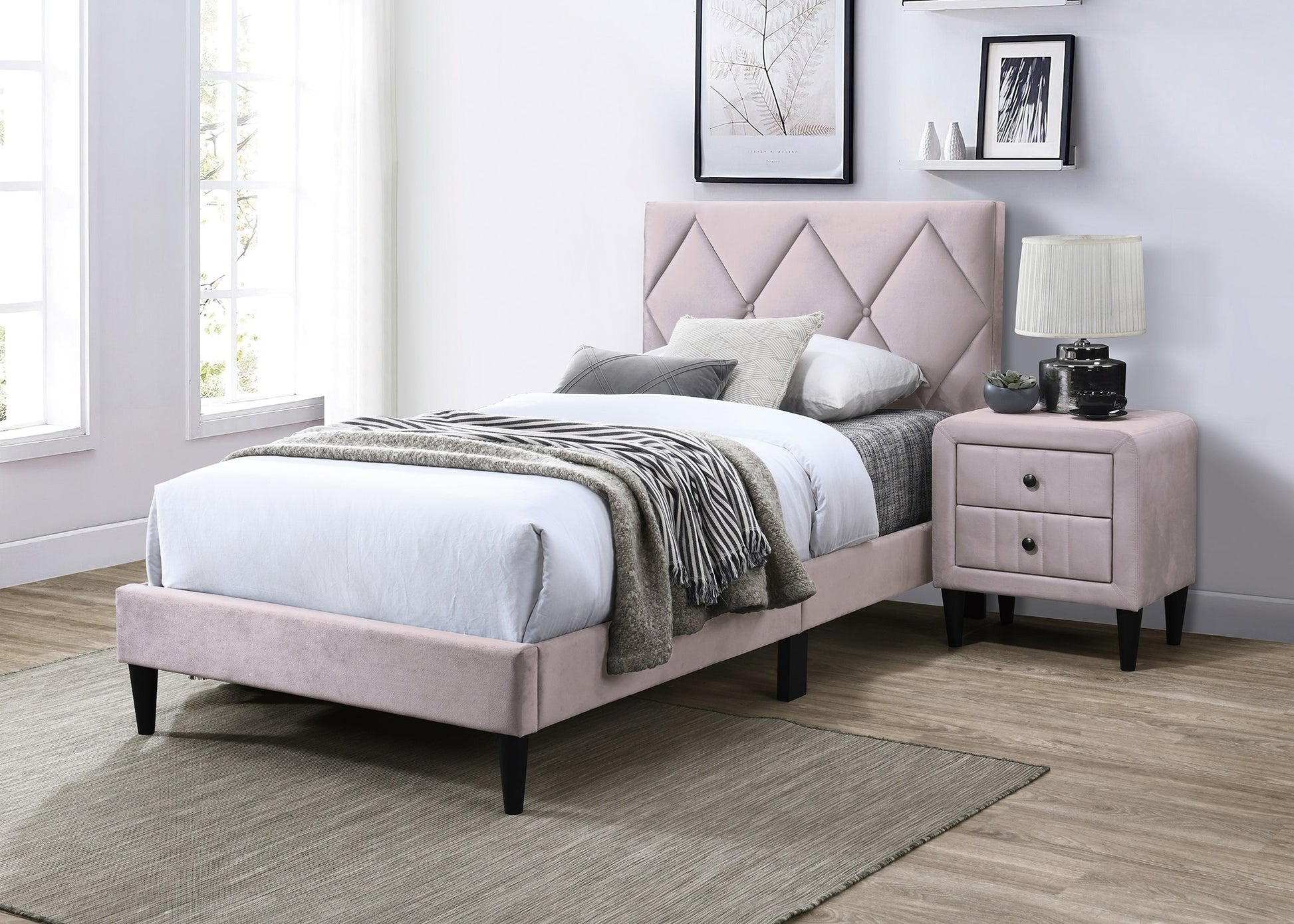 Twin Size Bed W Adjustable Headboard 1Pc Bedframe, Light Pink Velvet Upholstered Youth Bedroom Furniture Box Spring Not Required Twin Light Pink Wood Bedroom Classic,Contemporary,Mid Century Modern,Modern Bed Frame Foam Velvet Particle Board Mdf