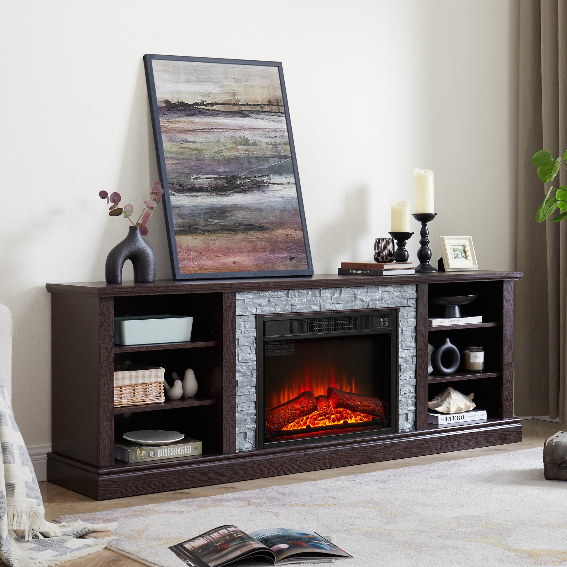 Large Tv Desk Storage Rack With Faux Stacked Stone Surround,Media Console Table With Large Storage Cabinet,Modern Tv Media Stand With 23" Fireplace Insert,Cherry, 70.12"W*15.35"D*25.83"H Cherry 70 79 Inches Mdf