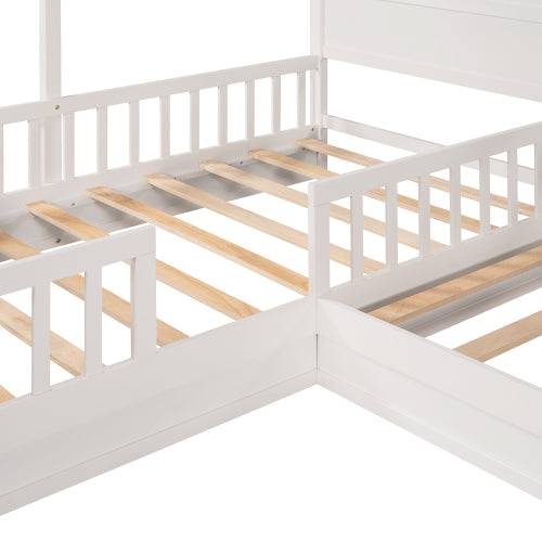 Wood House Bed Twin Size, 2 Twin Solid Bed L Structure With Fence And Slatted Frame, White Twin White Plywood