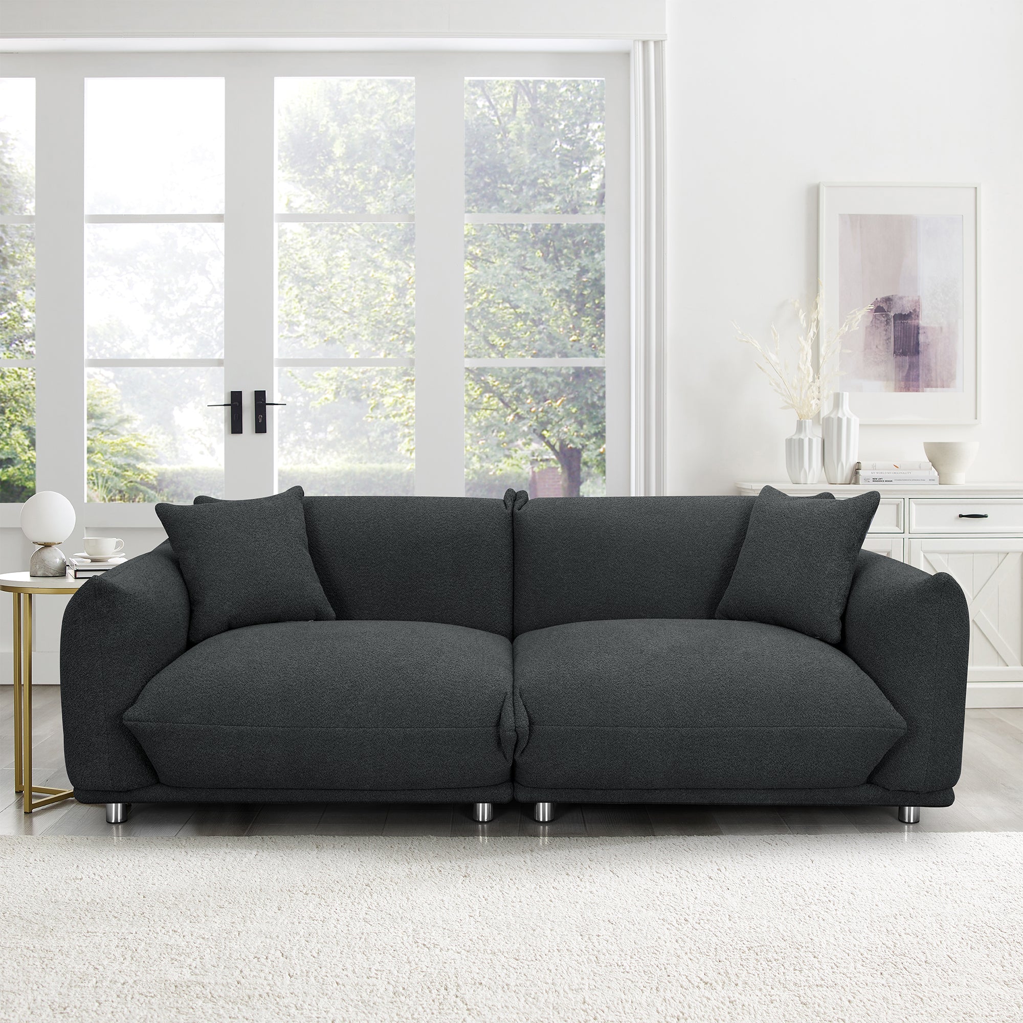 Oversized Loveseat Sofa For Living Room, Sherpa Sofa With Metal Legs, 3 Seater Sofa, Solid Wood Frame Couch With 2 Pillows, For Apartment Office Living Room Black Black Foam Fabric 3 Seat