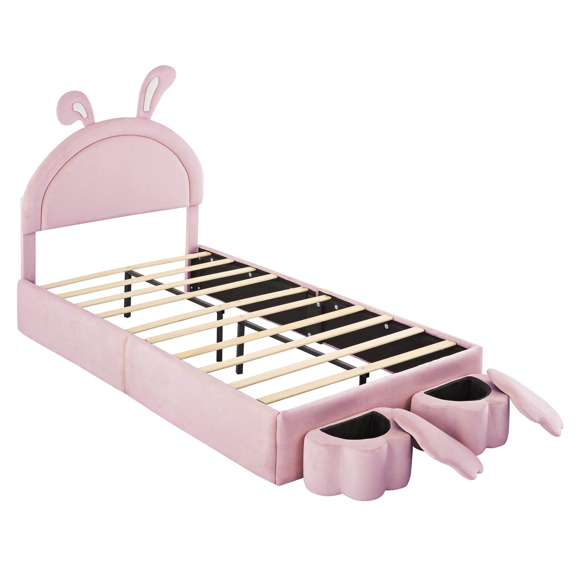 Twin Size Upholstered Rabbit Shape Bed With 2 Storage Stools, Velvet Platform Bed With Cartoon Ears Shaped Headboard, Pink Twin Pink Wood