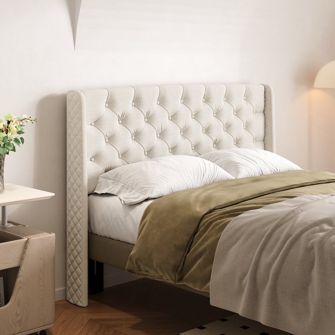 Lidia Wing Headboard Beige Fabric