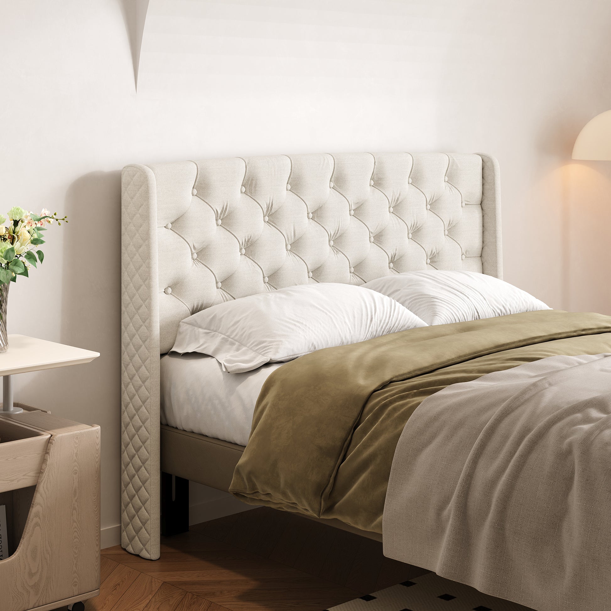 Lidia Wing Headboard Beige Fabric