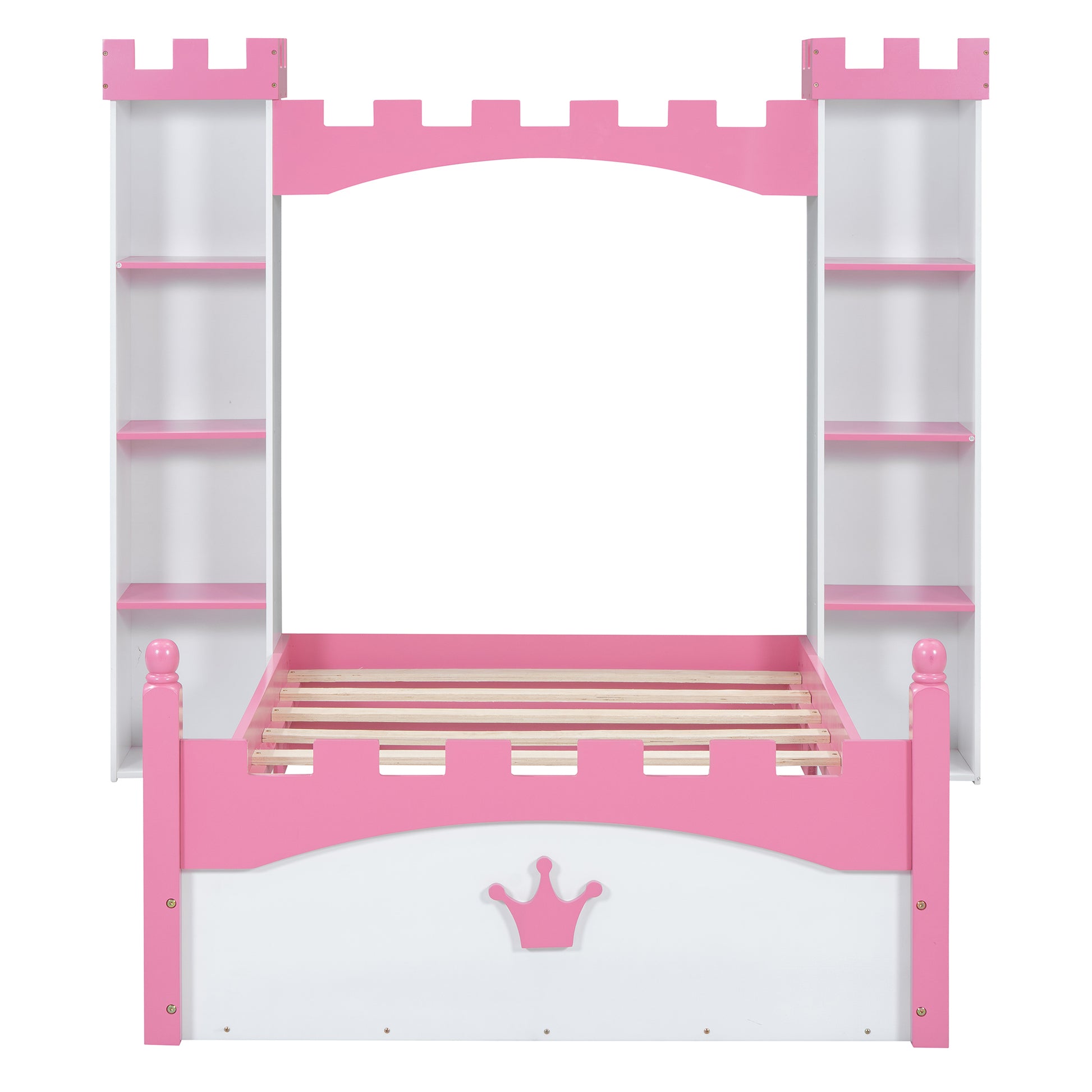 Castle Shaped Wooden Bed With Storage Shelf, Dreamy Twin Size Platform Bed For Kids Bedroom, White Pink Expected Arrival Time:8.14 Twin White Pink Wood