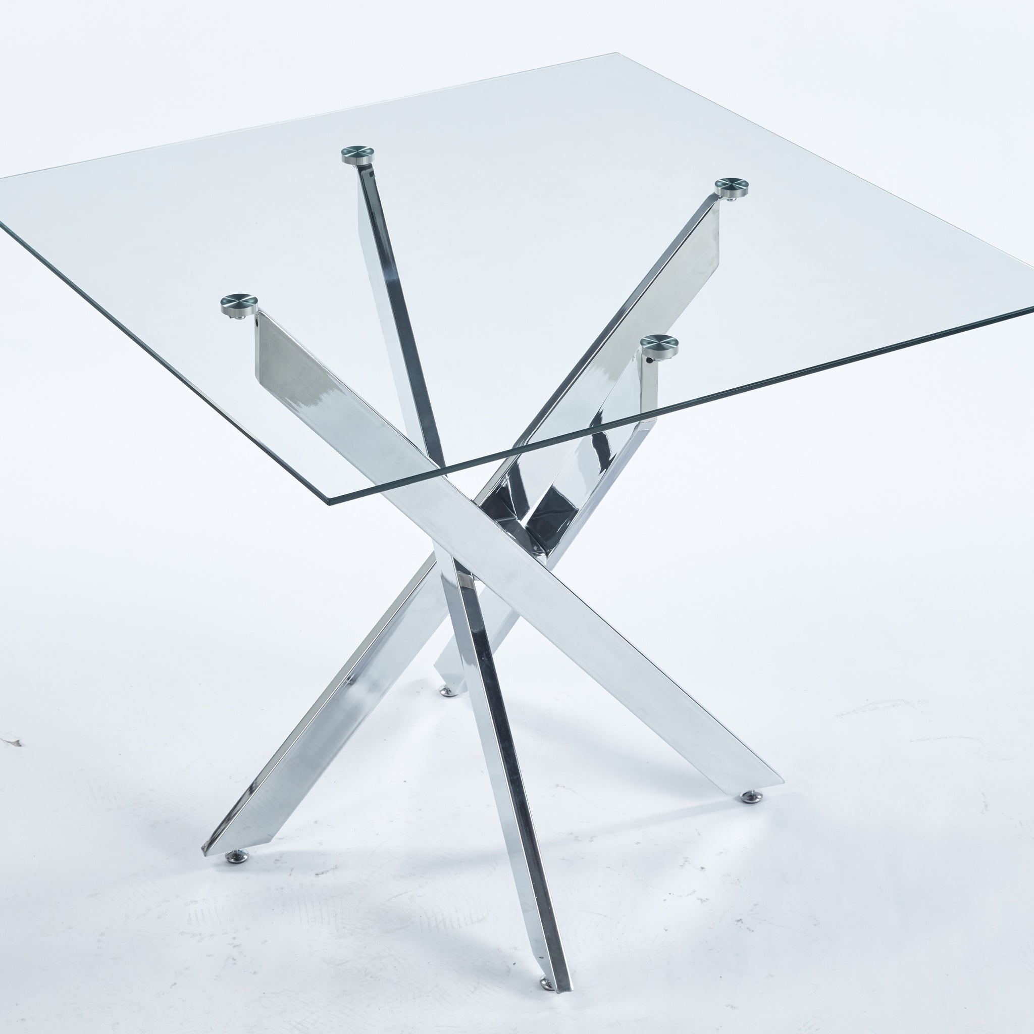 Dining Table With Cross Metal Leg And Tempered Glass,Modern Space Saving Kitchen Table For Living Room,Chrome Legssquare Table,90X90X75Cm Chrome Glass Metal