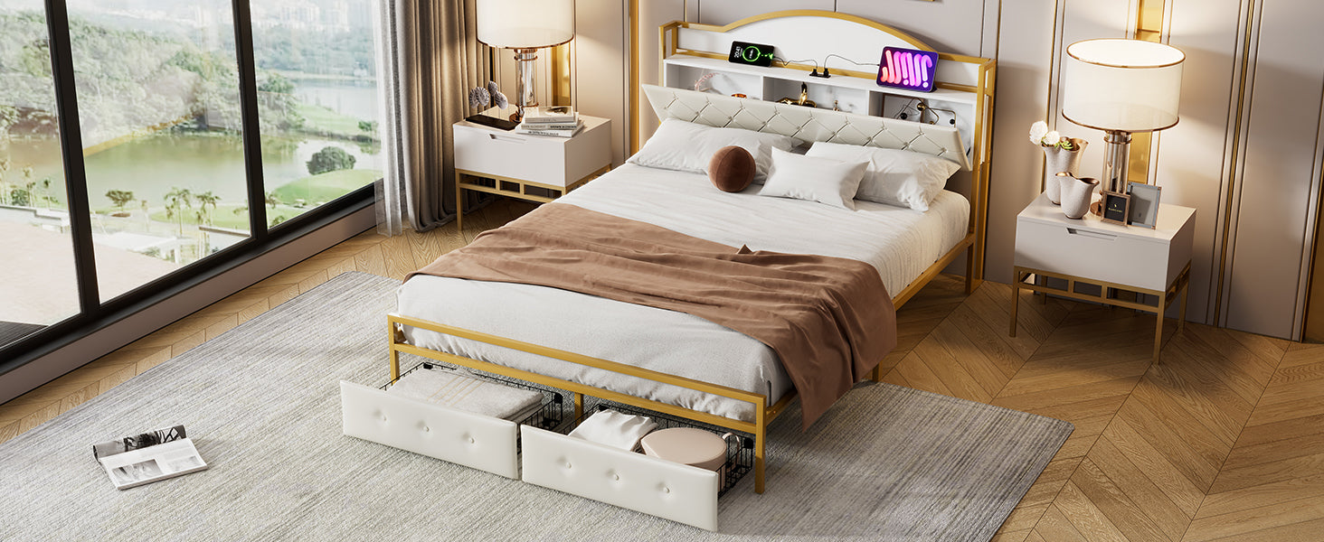 Metal Platform Bed With 2 Drawers, Storage Headboard, Queen, Gold Queen Gold White Fabric Metal